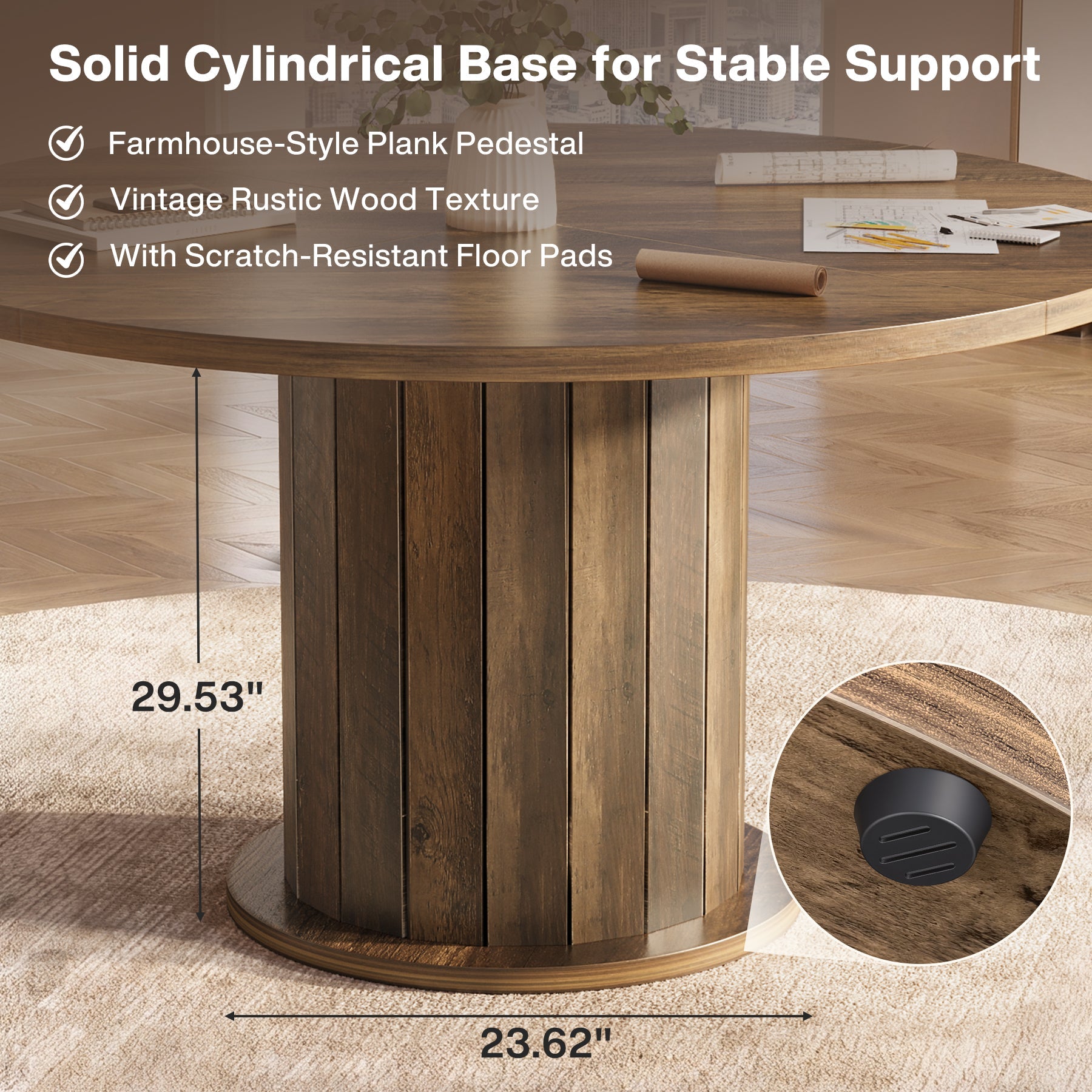47.24-Inch Round Conference Table with Pedestal Base, Farmhouse Meeting Table for 4 to 6 People