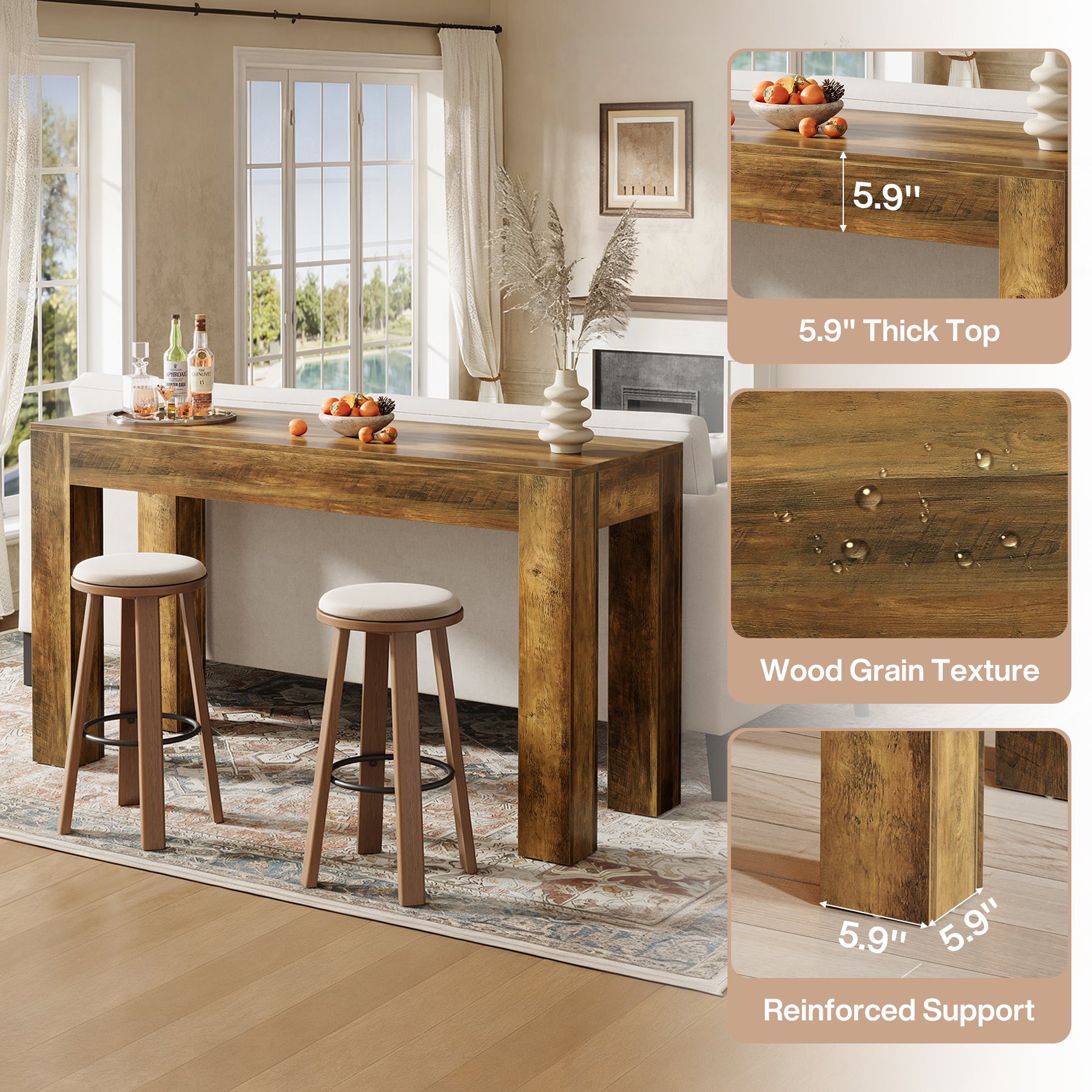 62.99-Inch Long Bar Table, Rectangular Counter Height Dining Table with 4 Sturdy Legs for Kitchen Home Bar