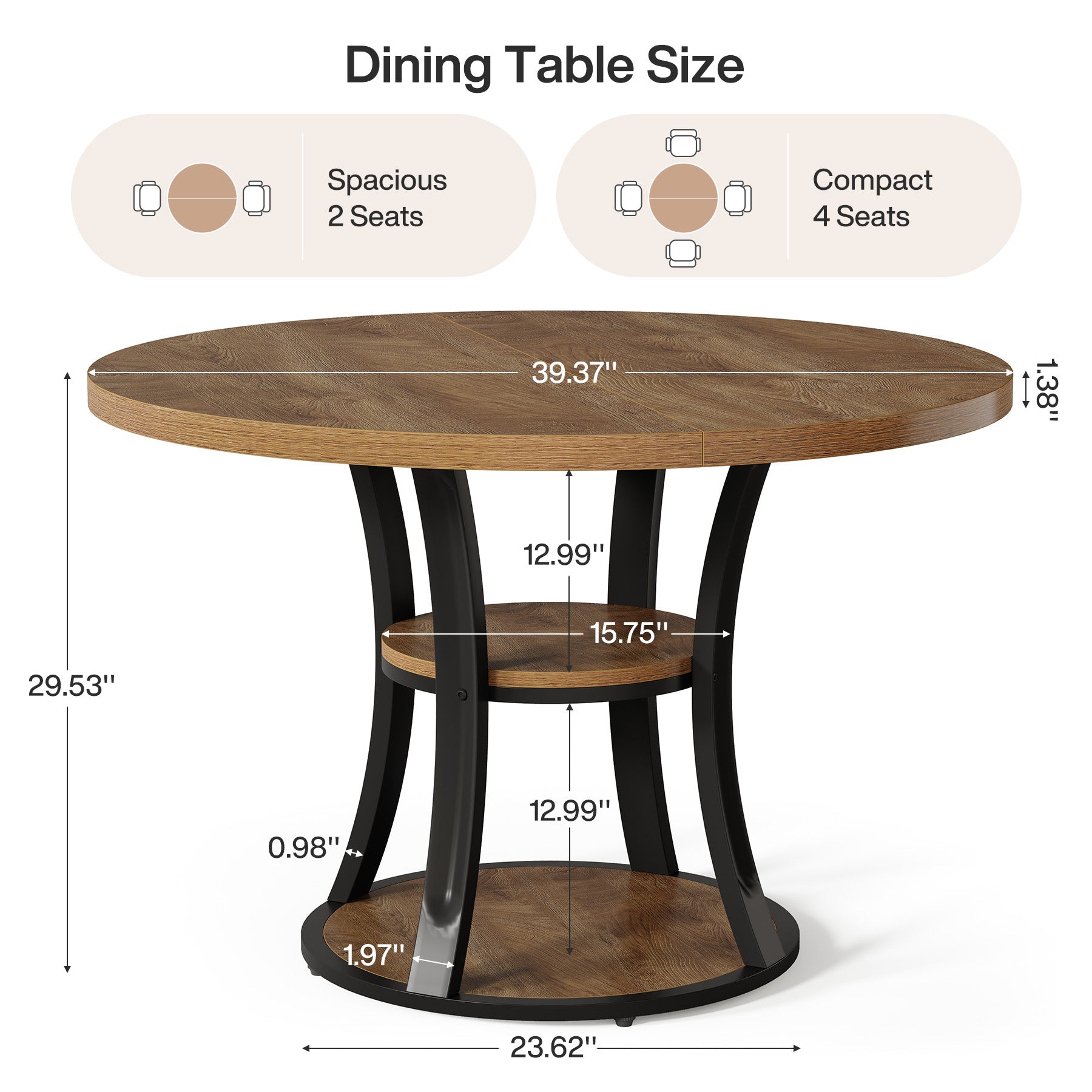 Tribesigns 39-Inch Round Dining Table for 2-4, 2-Tier Pedestal Table with Storage