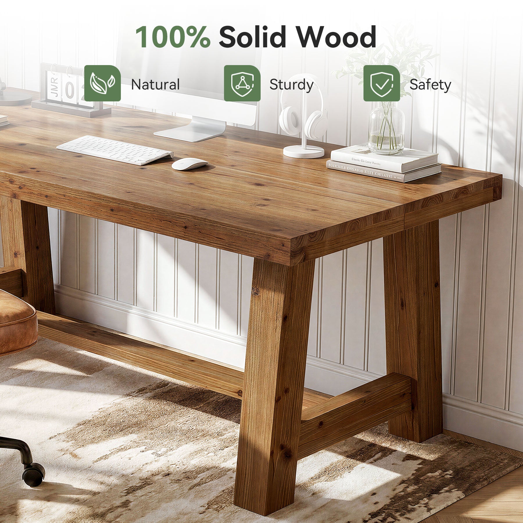 Tribesigns 63-Inch Solid Wood Computer Desk, Thick Top Wooden Workstation for Home Office