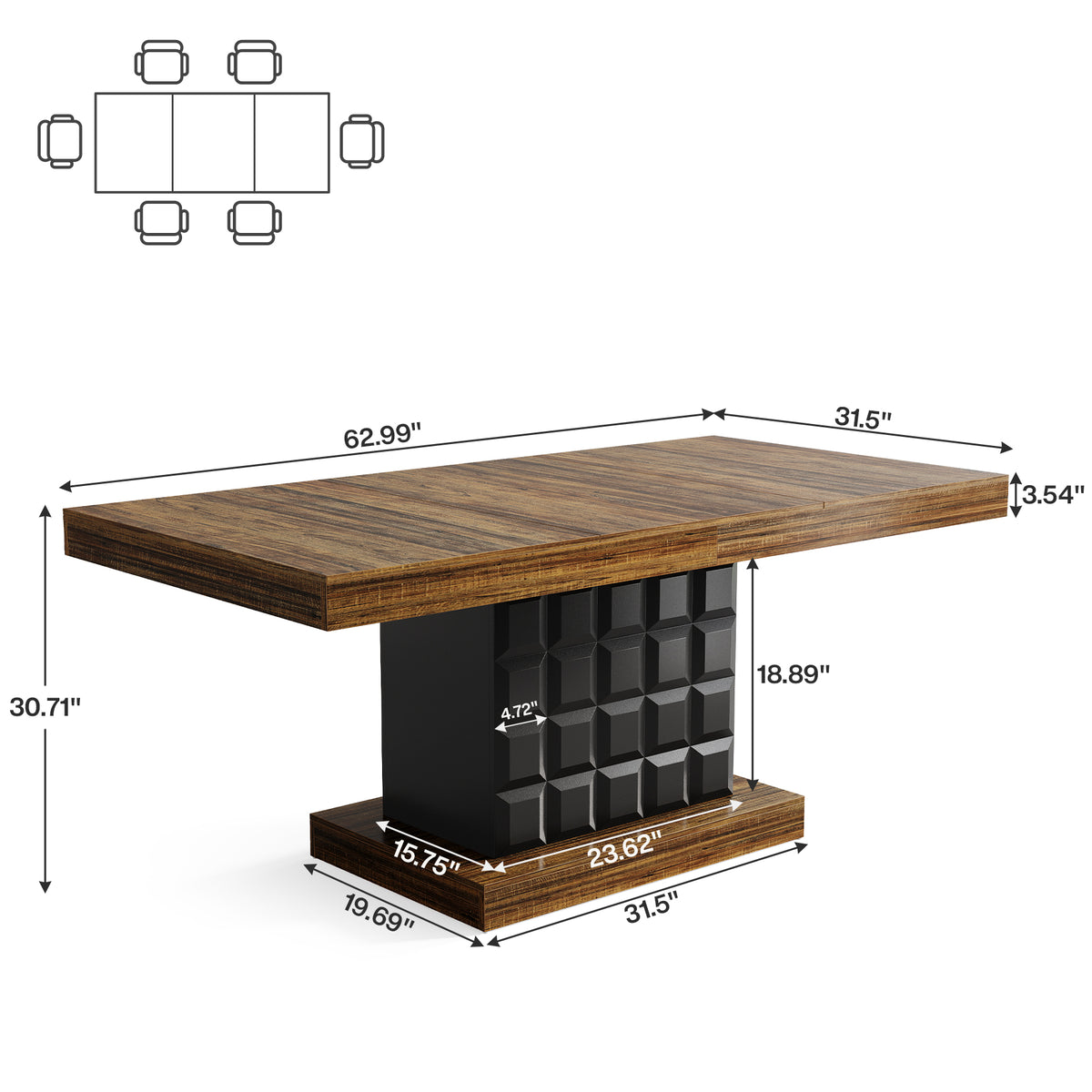 Tribesigns 63 Inch Rectangular Dining Table for 4-6, Modern Farmhouse Kitchen Table with Geometric Pedestal Base