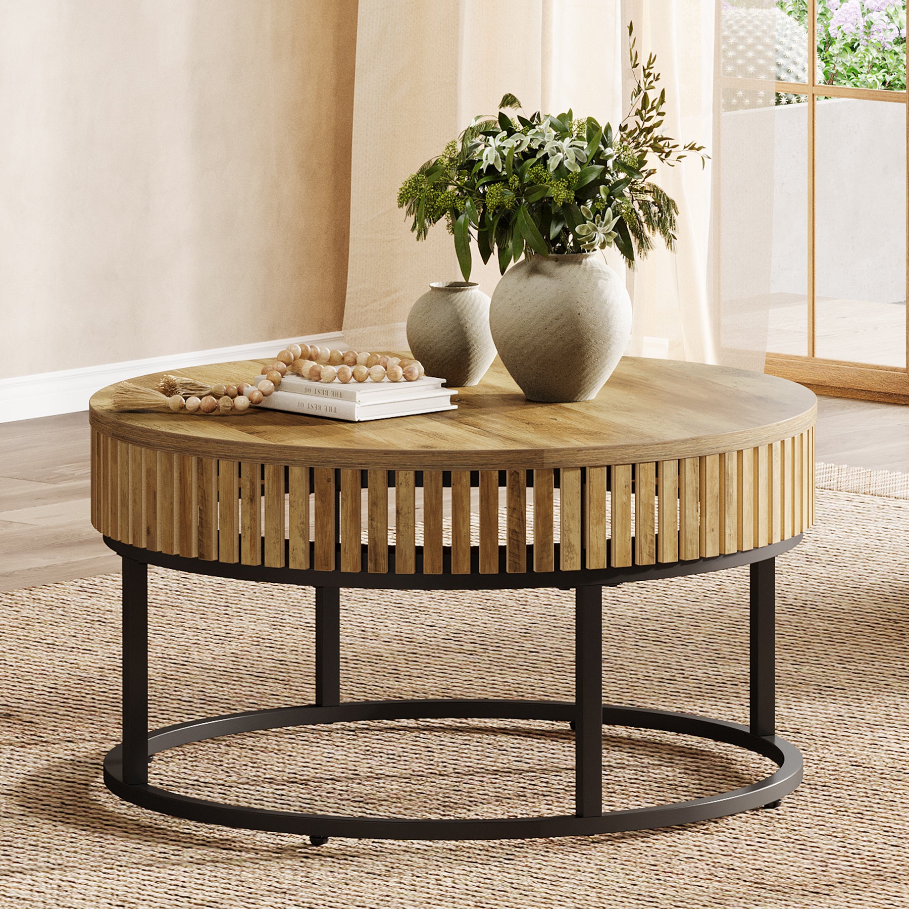Tribesigns 31.5-Inch Round Coffee Table, Farmhouse Cocktail Table with Black Metal Legs for Living Room