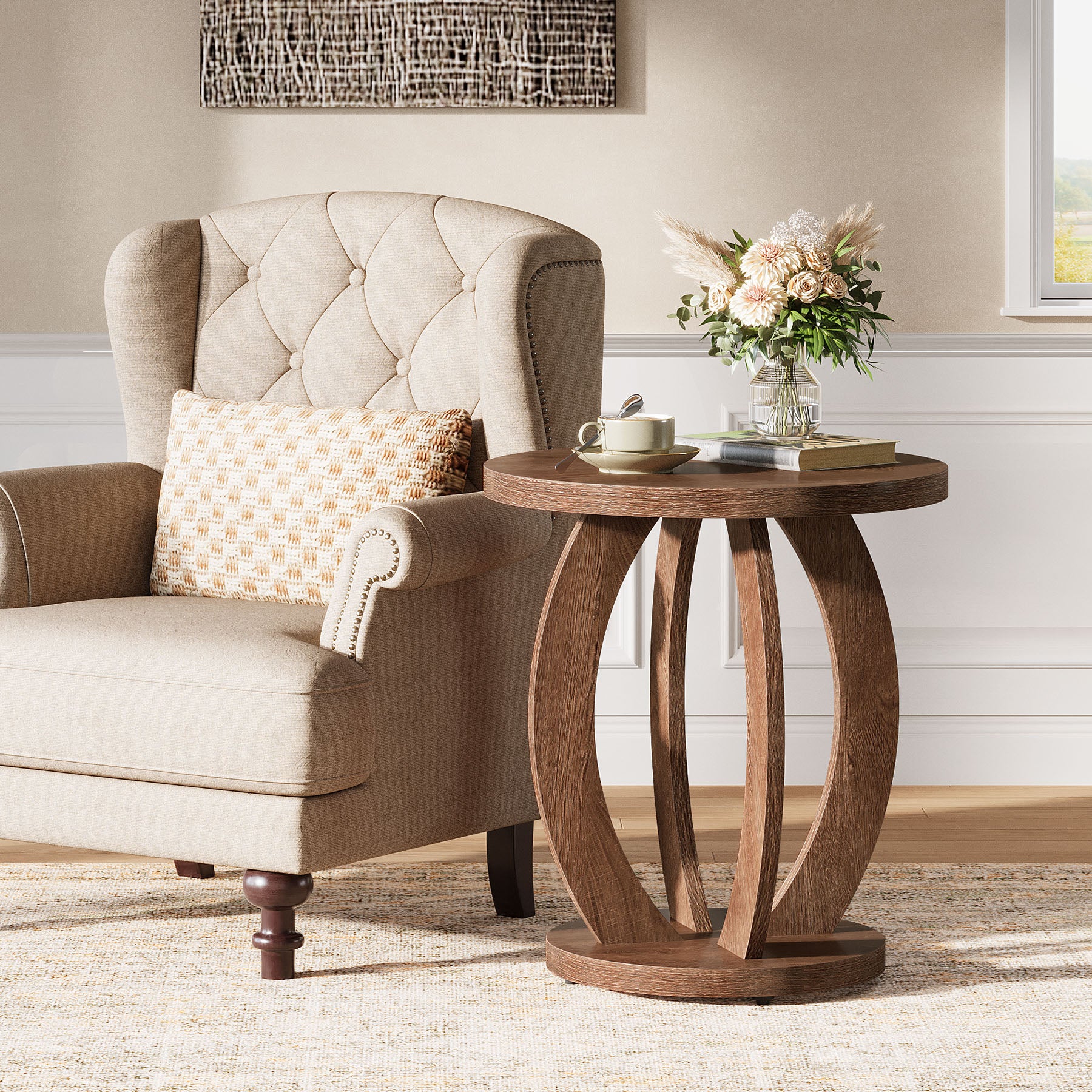 24" Round Farmhouse Nightstand - Bedside Table with Storage, Wood Base, Brown