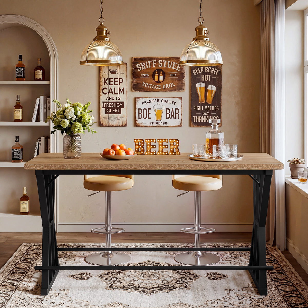 Tribesigns 63-Inch Industrial Bar Table with X-Frame Legs, Long Pub Table with Dual Footrests