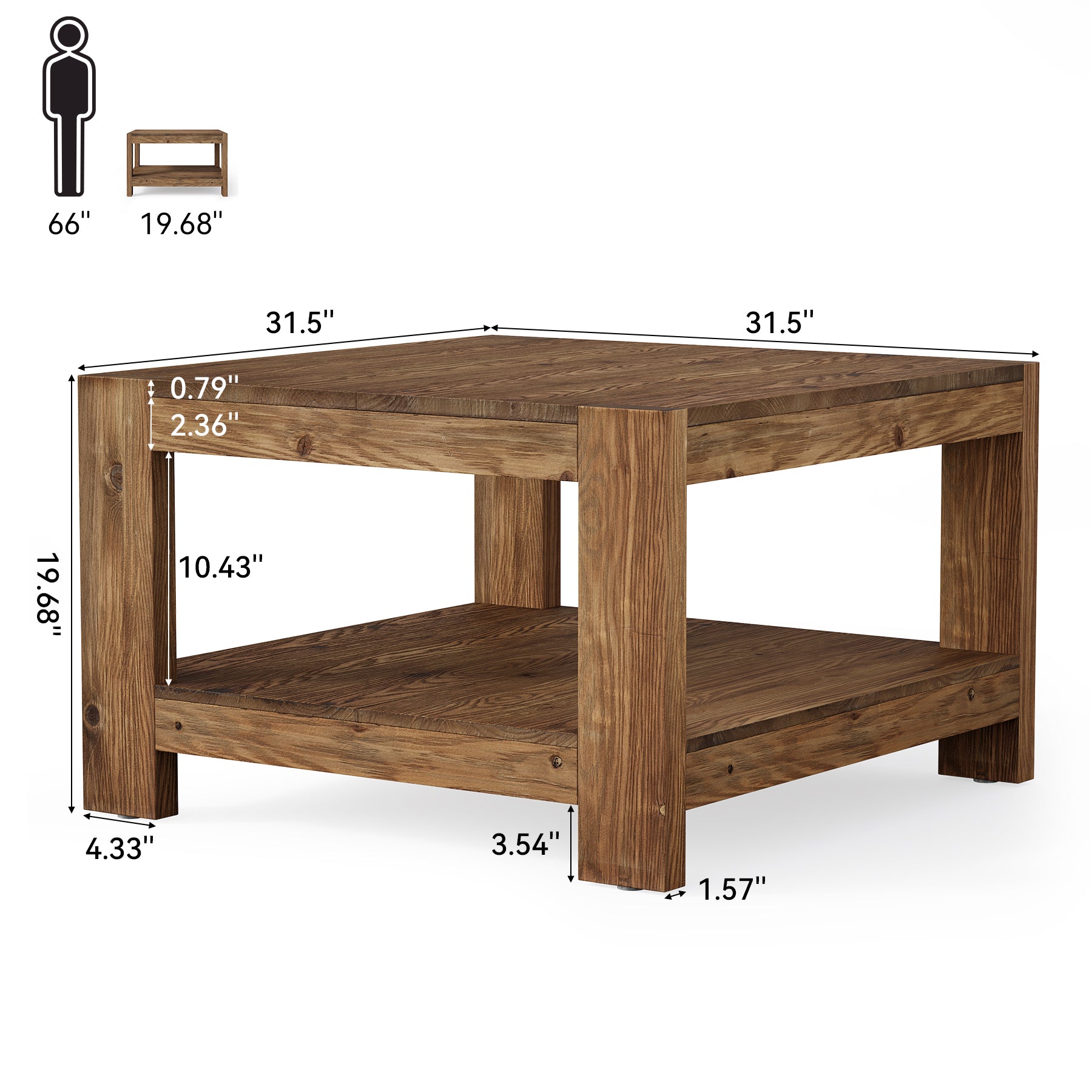 Tribesigns 31.5-Inch Square Farmhouse Coffee Table with Storage Shelf, Solid Wood Center Table for Living Room