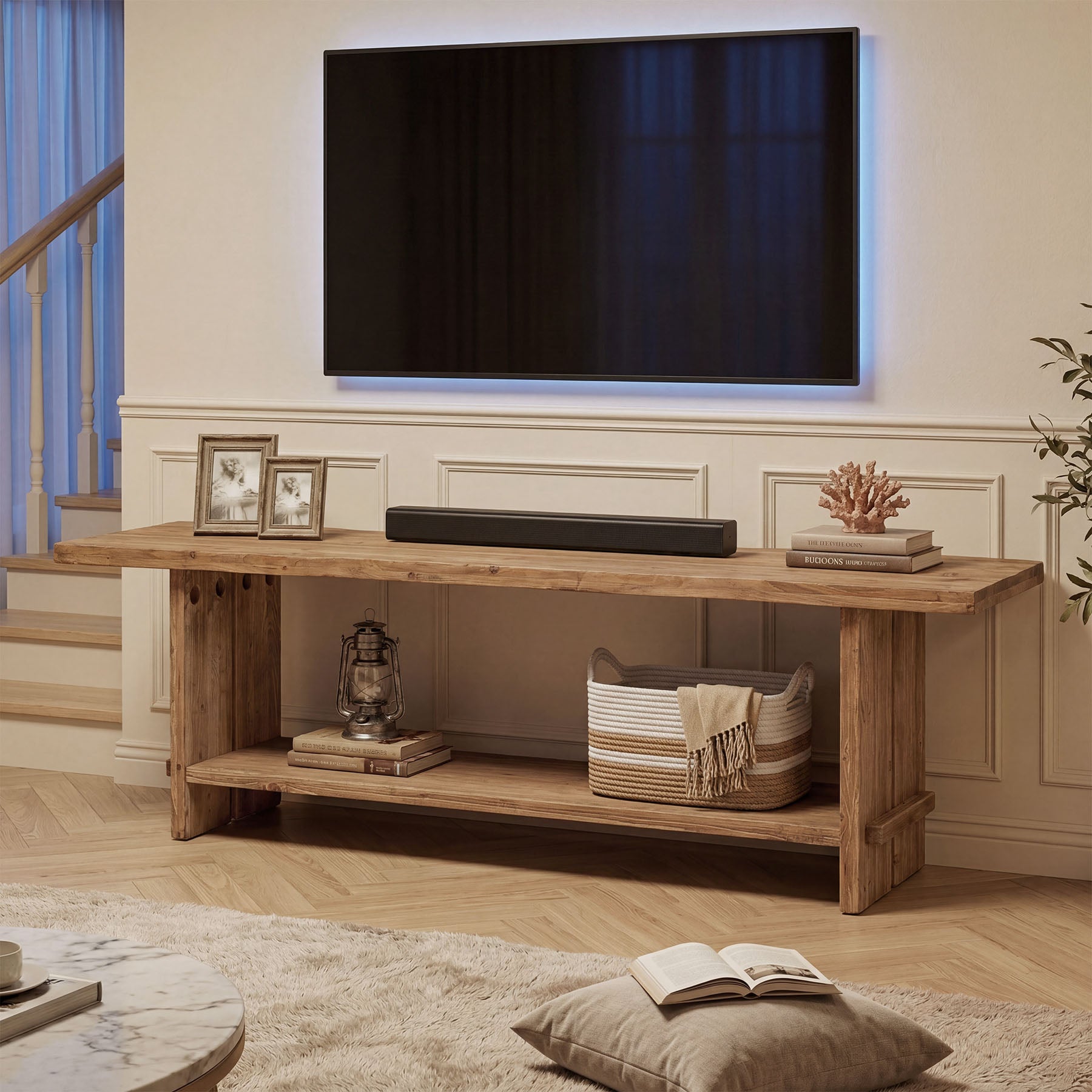 Tribesigns 71 Inch Solid Wood TV Stand with 2-Tier Storage, Media Console for 55 to 85 Inch TVs