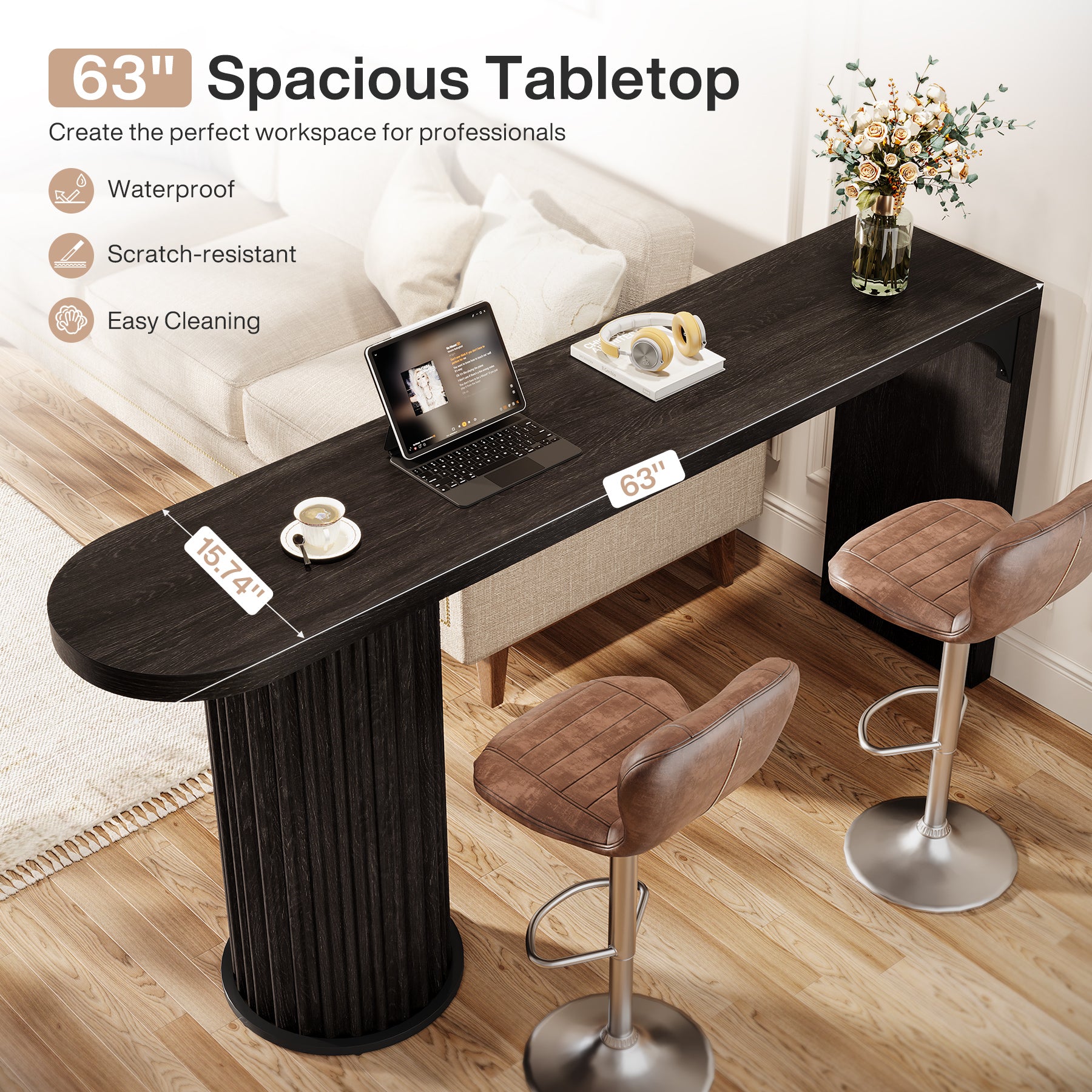 Tribesigns 63-Inch Modern Counter Height Bar Table with Fluted Round Base, Narrow High Top Table for Kitchen and Bistro
