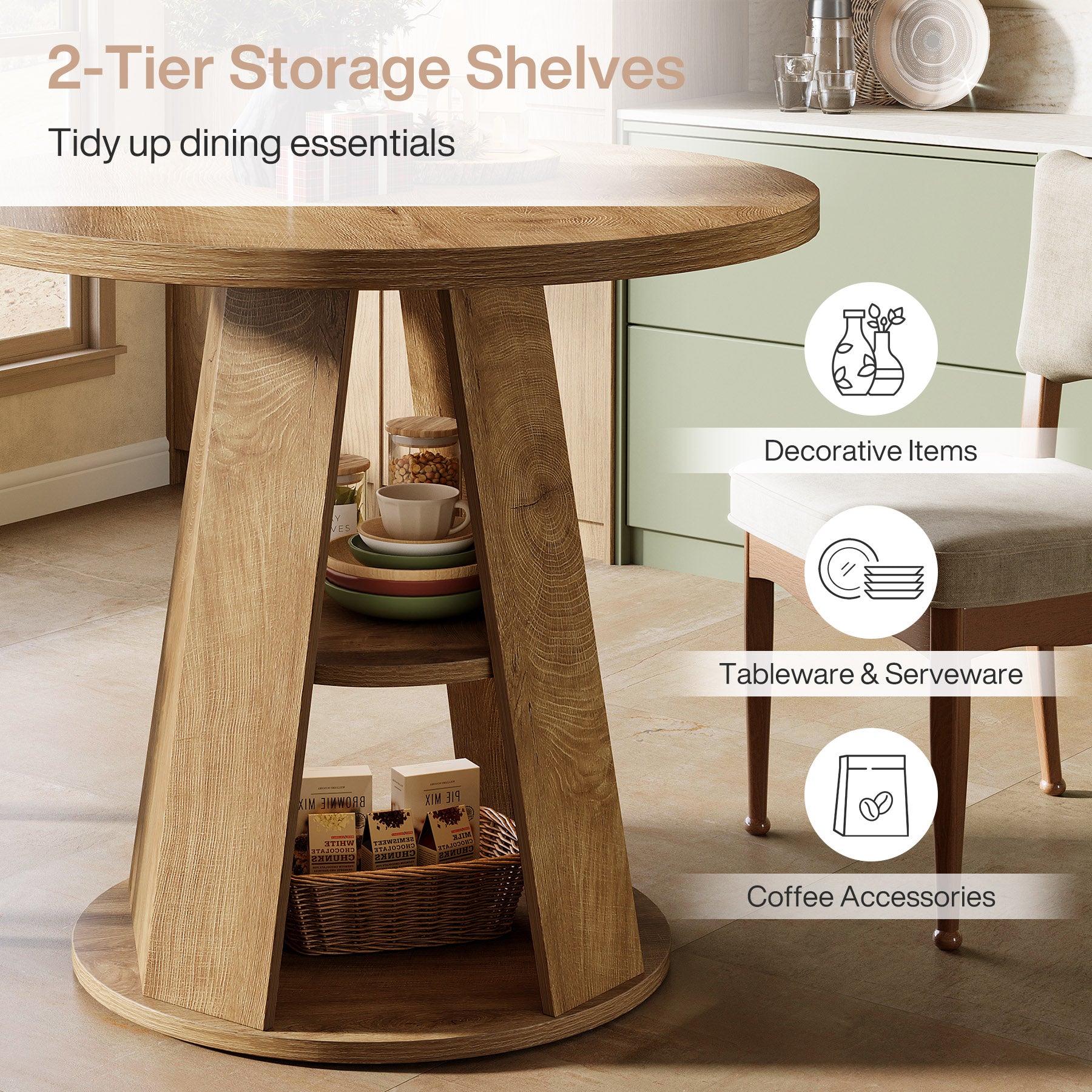 Tribesigns 31.5-Inch Round Dining Table for 2-4, Space-Saving Farmhouse Kitchen Table with 2-Tier Storage Shelf for Small Spaces