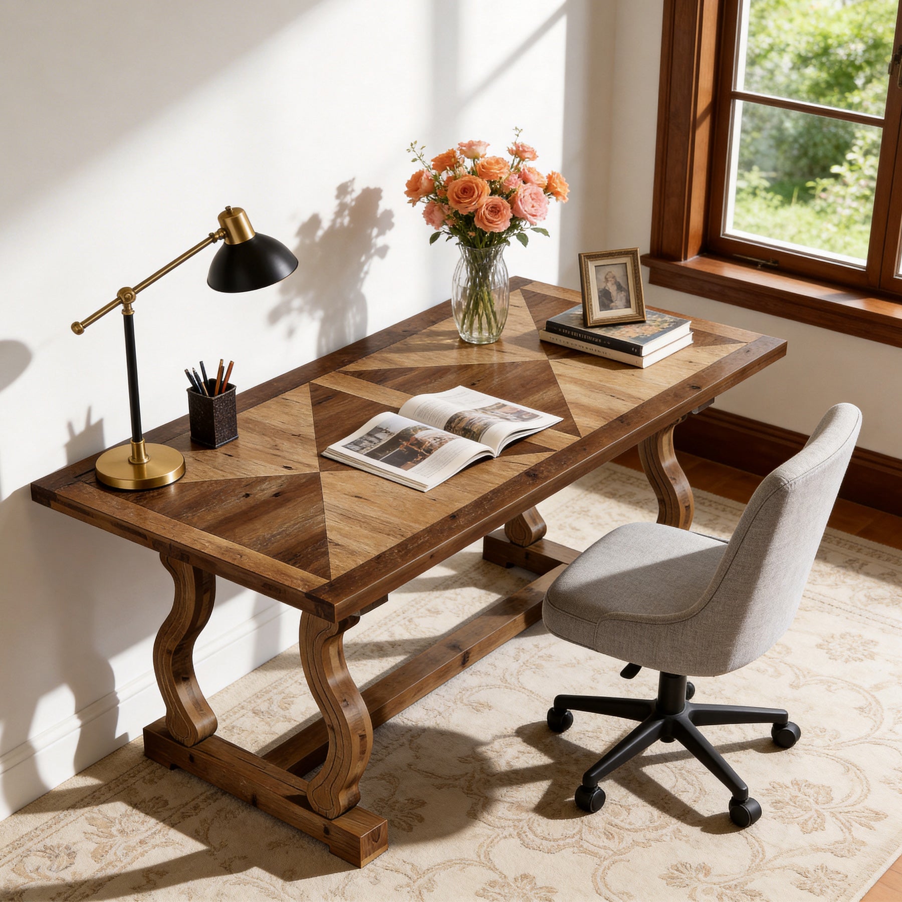 Tribesigns 63-Inch Solid Wood Executive Desk with Diamond Parquetry, Farmhouse Desk for Home Office