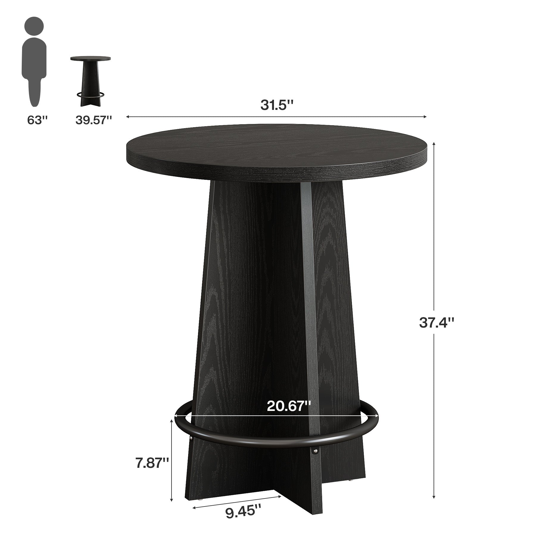 37.4-Inch Round Bar Table with Wooden Cross Base, Compact Pub Table with Ring Footrest