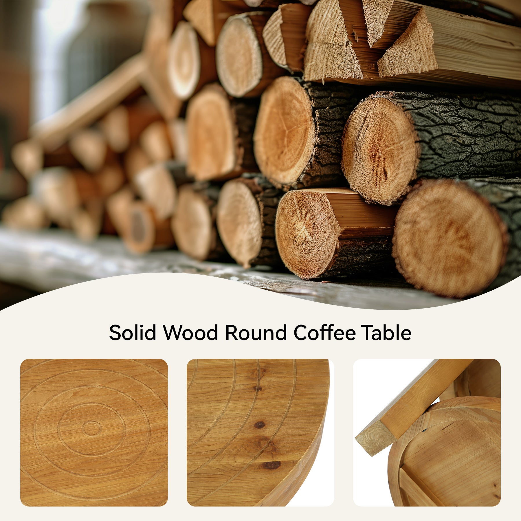 31.5-Inch Round Coffee Table, Farmhouse Solid Wood 2-Tier Storage Accent Table with Boho Design