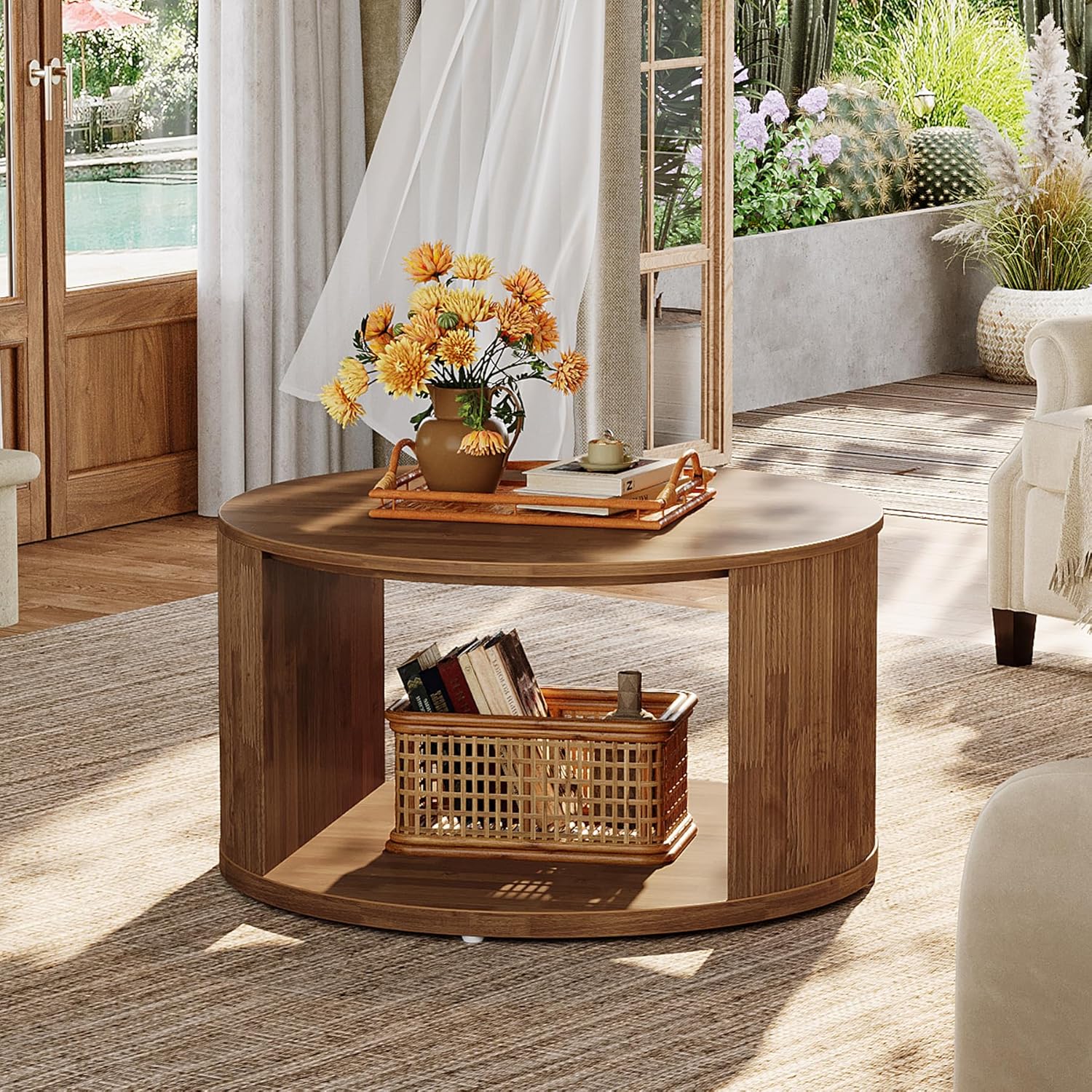 31.5" Round Mid-Century Coffee Table - Walnut Fluted Base with Storage for Small Spaces