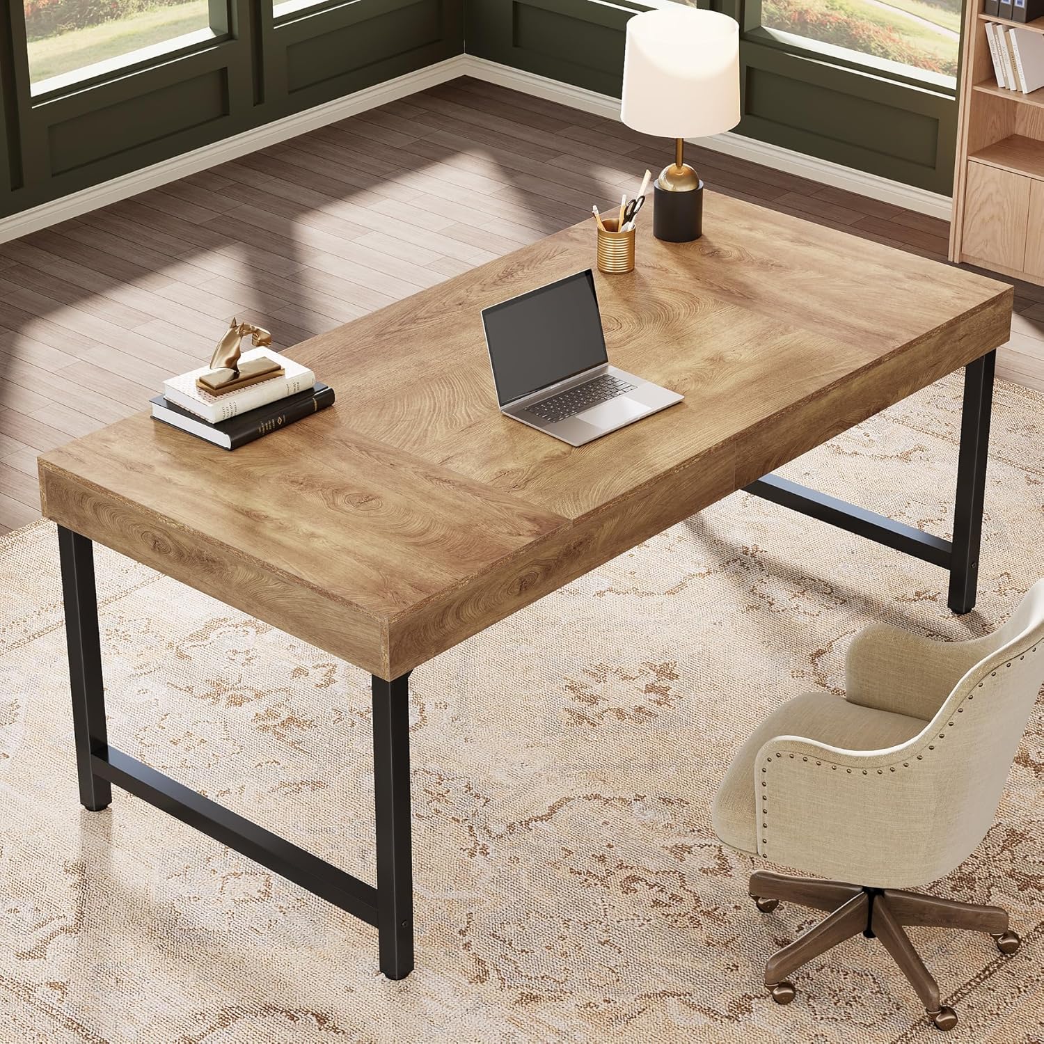 55" Industrial Executive Desk - Rustic Office Desk with Metal Legs, Study & Conference Workstation