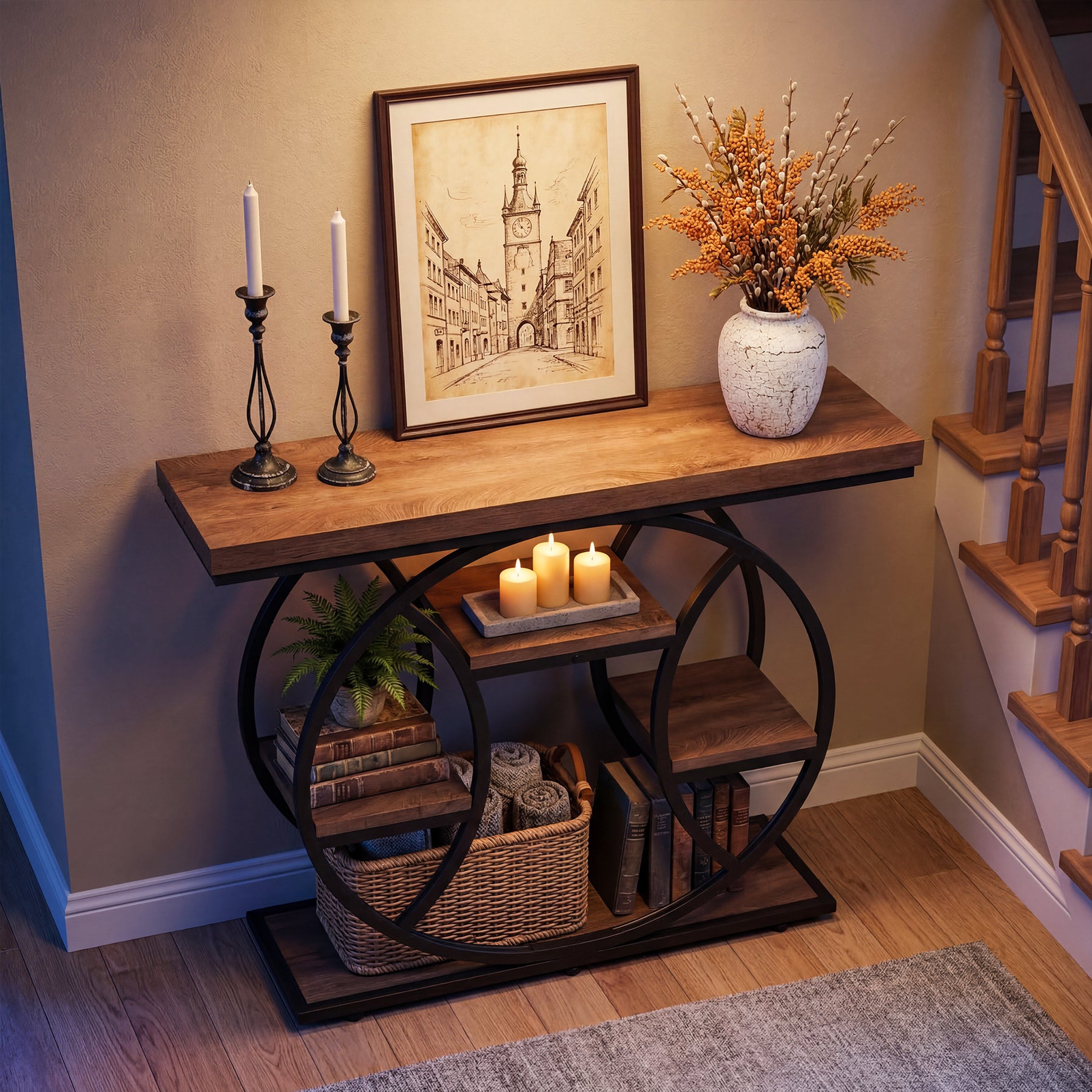 41.3" Industrial Console Table with 4-Tier Storage, Entryway Sofa Table for Hallway Living Room Entrance