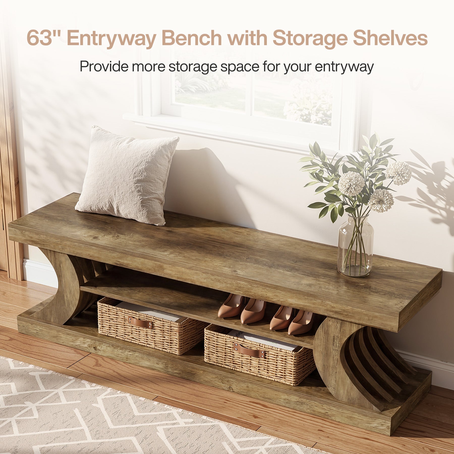 Tribesigns 63-Inch Entryway Shoe Bench with Open Storage, 3-Tier Bed Bench for Bedroom and Hallway