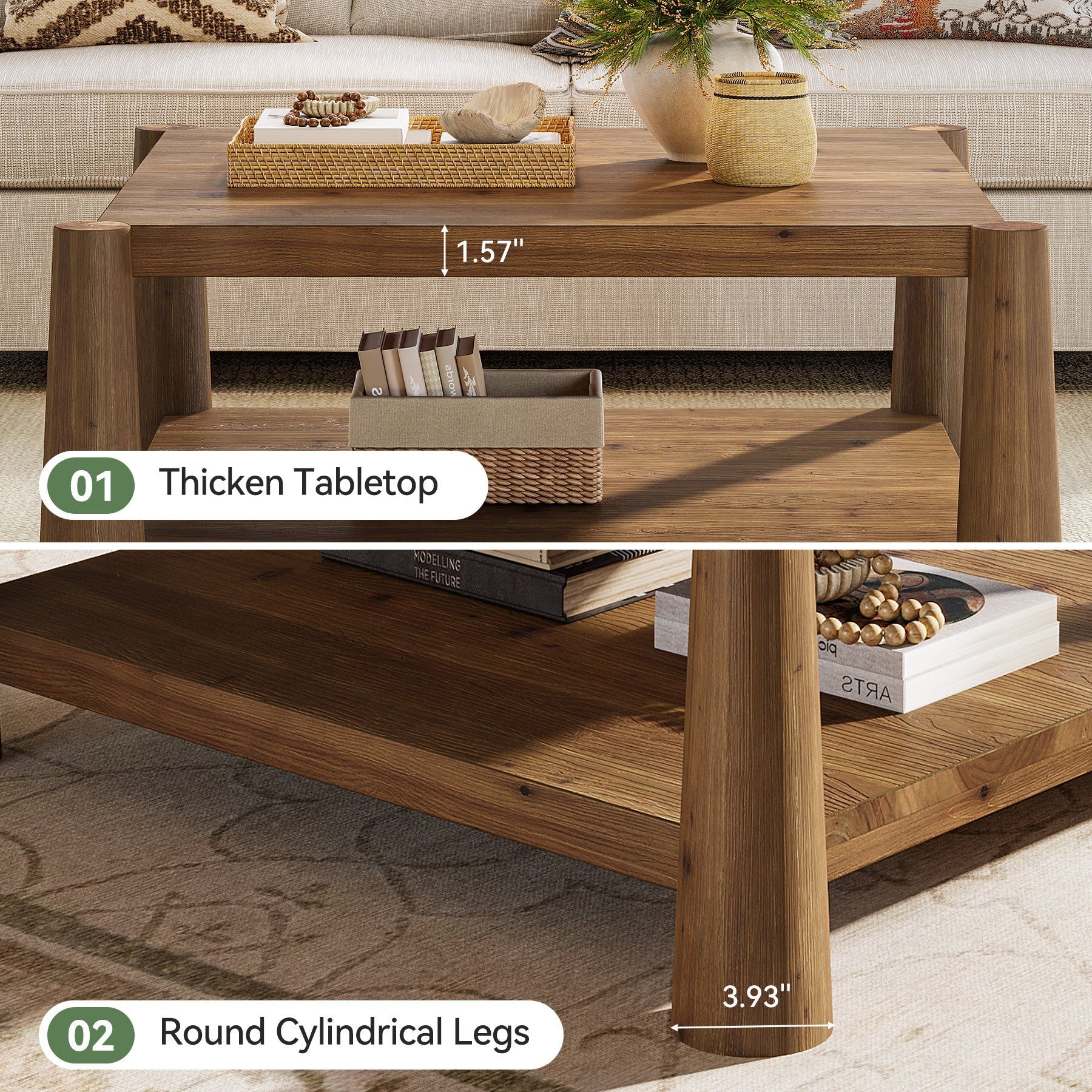 34" Square Solid Wood 2-Tier Coffee Table, Farmhouse Storage Brown