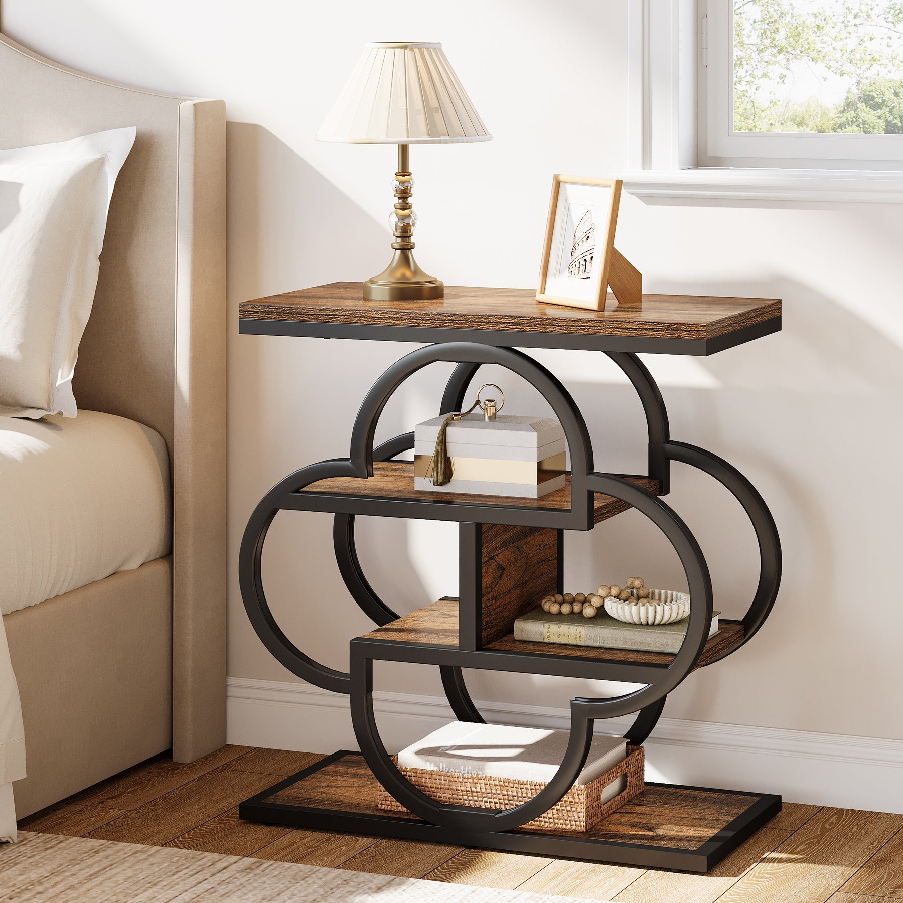 23.62 Inch Narrow Side Table with Storage, 4 Tier Wooden End Table with Metal Frame