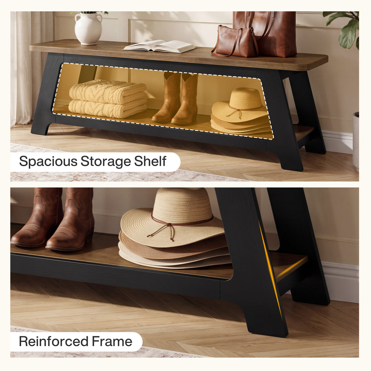 63 Inch Long Entryway Bench with Shoe Storage Shelf, Farmhouse Wooden Bench for Hallway