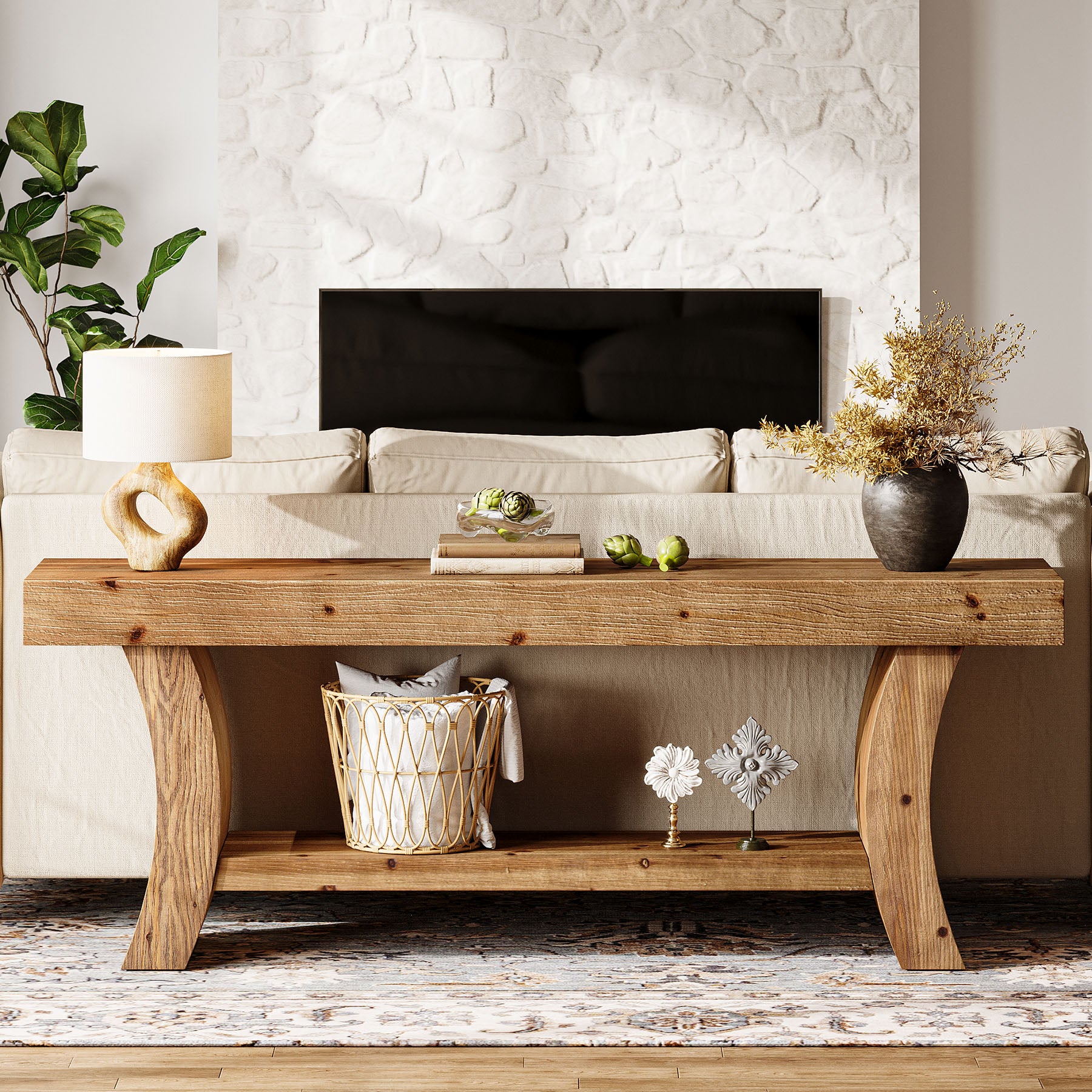 Tribesigns 63-Inch Solid Wood Console Table with Curved Legs and Storage Shelf, Farmhouse Sofa Table for Entryway Living Room and Behind Couch