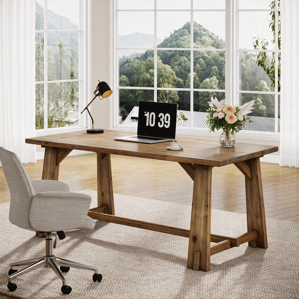 Tribesigns 63 Inch Solid Wood Executive Desk with Spacious Worktop, Farmhouse Office Computer Desk for Home Office