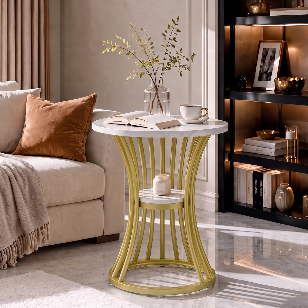Tribesigns 20" Round End Table with 2-Tier Storage, White Faux Marble Side Table for Living Room
