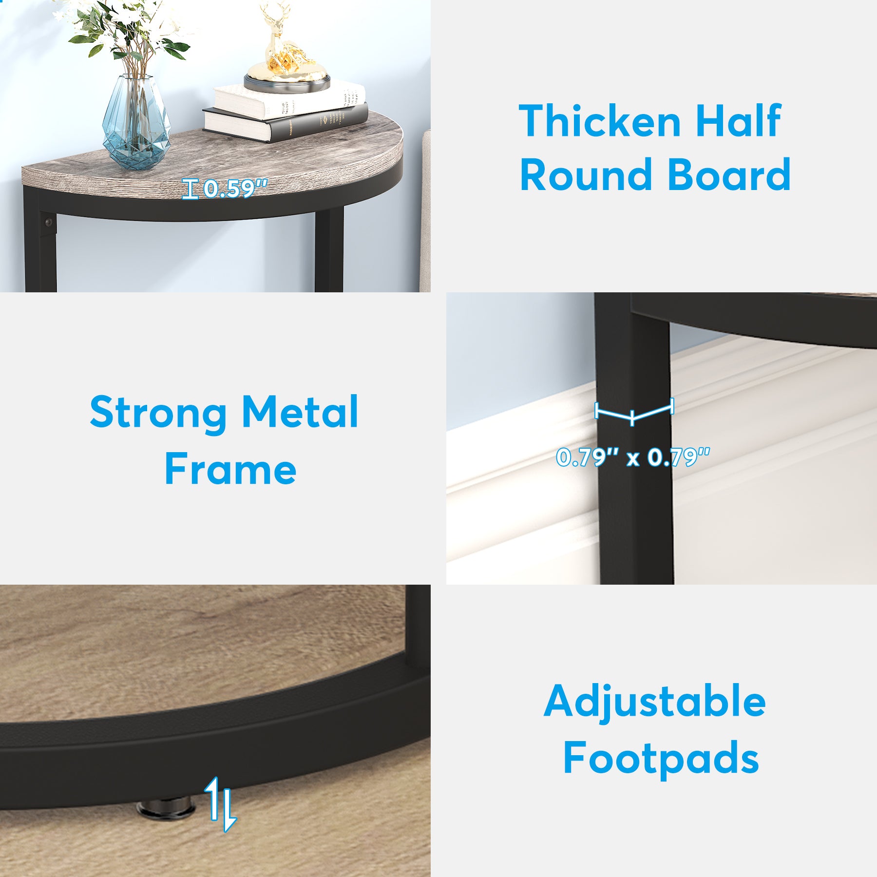 Half Round End Table with Shelf, Farmhouse Narrow Side Table for Sofa Living Room