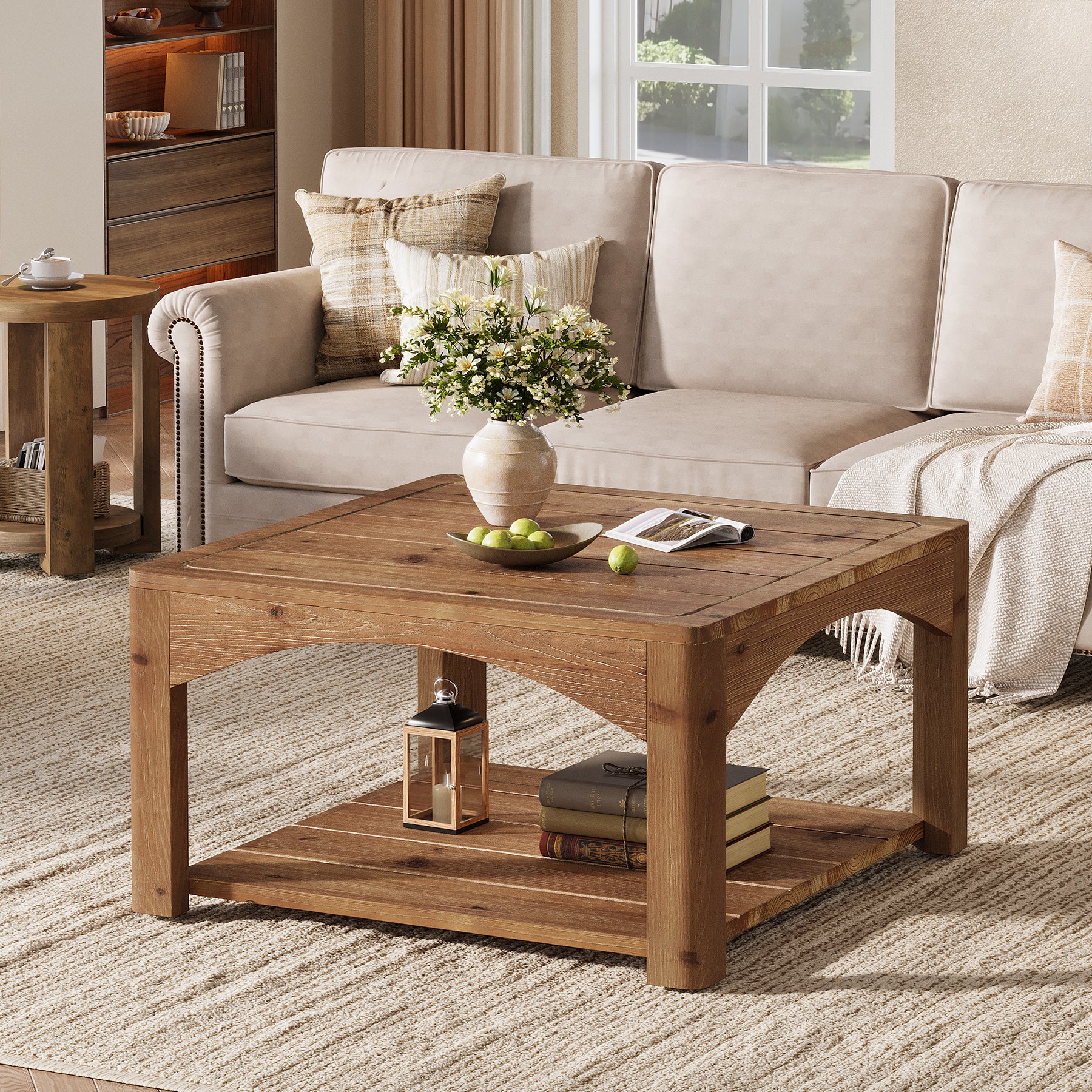 31.5" Square Solid Wood Coffee Table with 2-Tier Storage, Wooden Center Table for Living Room