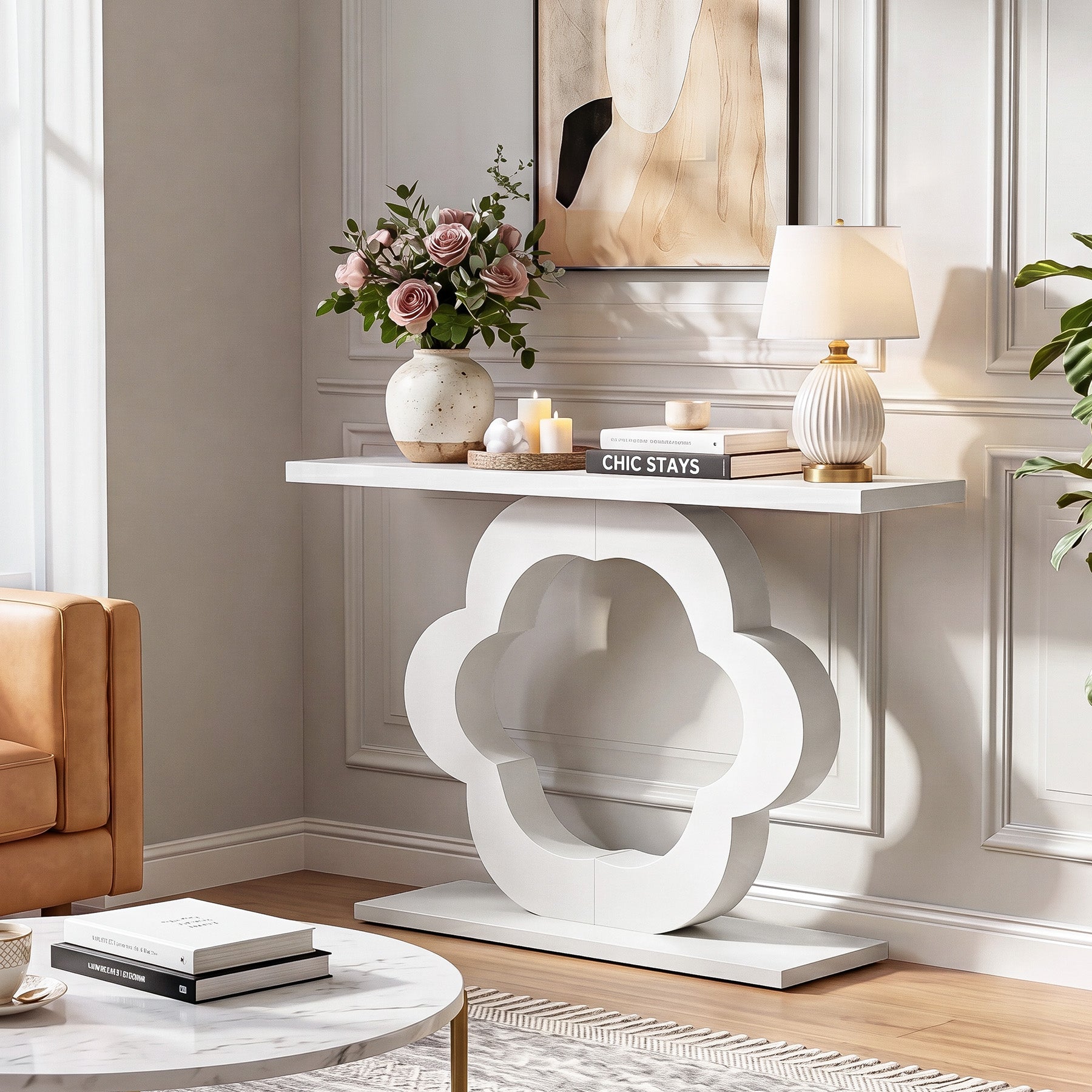 39.4-Inch White High-Gloss Console Table with Flower Cutout Base, Narrow Entryway Table for Living Room and Hallway