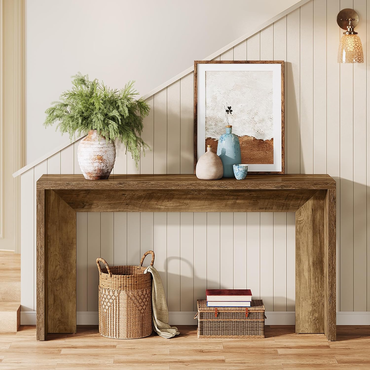 55" Farmhouse Console Table with Storage - Rustic Sofa Table for Hallway & Living Room