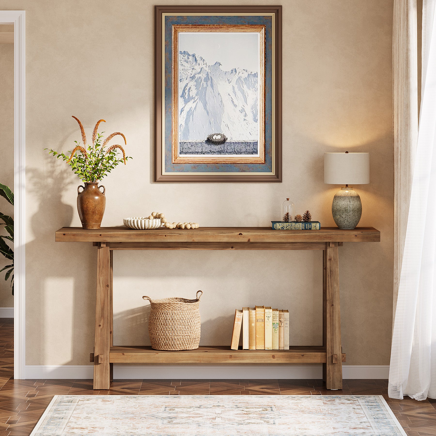 Tribesigns 63" Console Table, Farmhouse Solid Wood Entryway Sofa Table with 2-Tier Storage