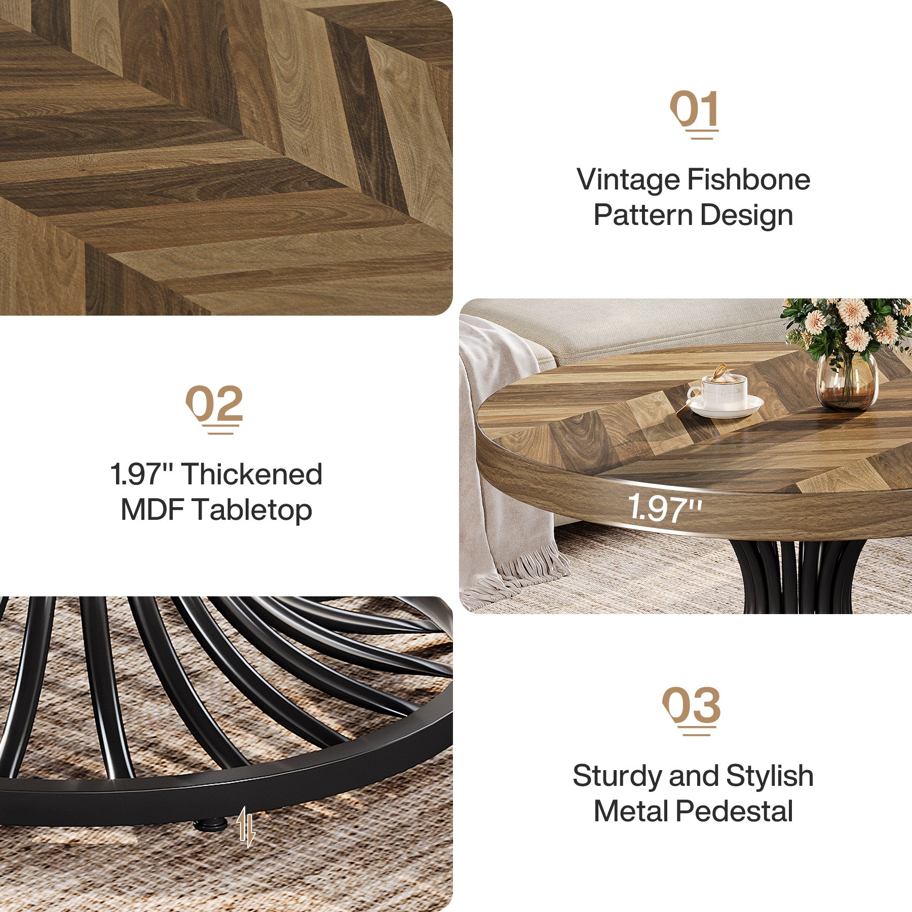 31.5-Inch Round Wood Coffee Table, Farmhouse Circle Table with Metal Pedestal for Living Room