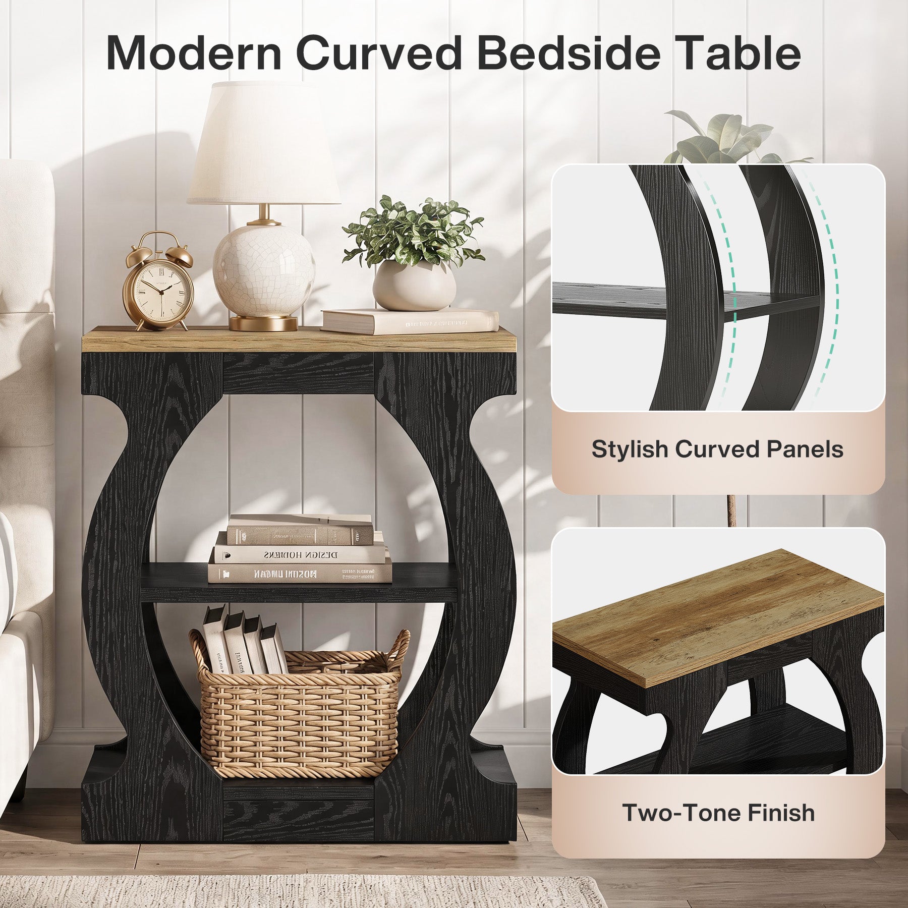 23.6 Inch Nightstand with 3-Tier Storage, Modern Narrow Bedside Table with Curved Frame for Bedroom