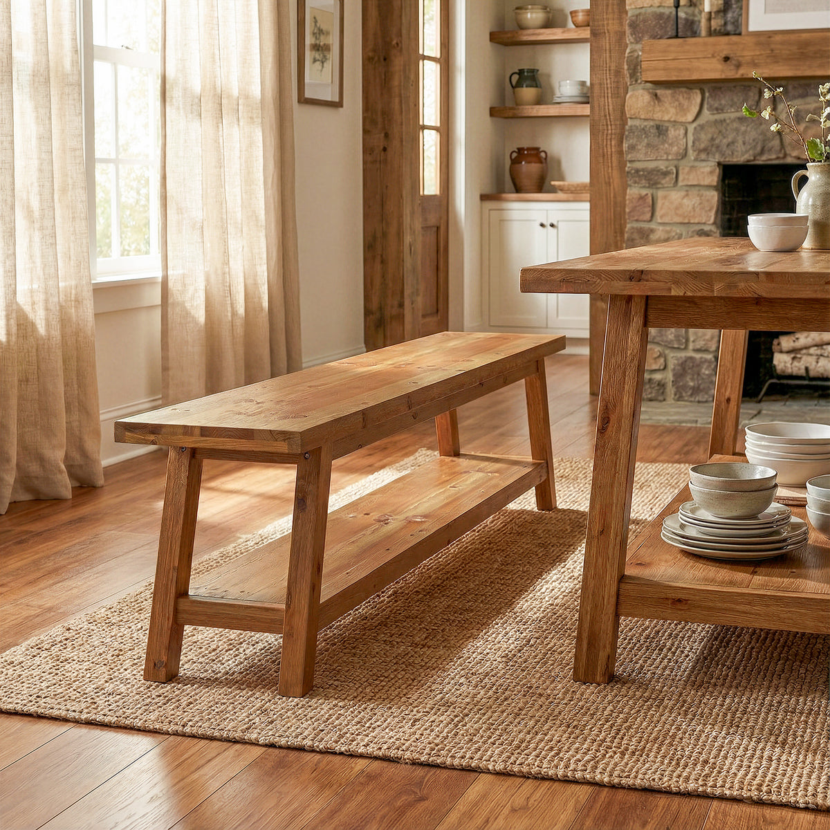 63" Farmhouse Kitchen Bench with Storage Shelf, Solid Wood Dining Bench