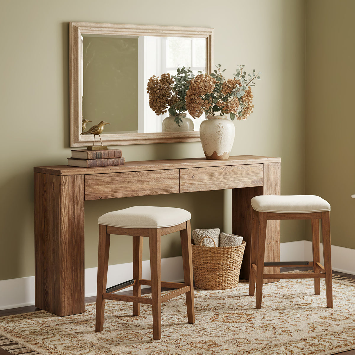 Tribesigns 63 Inch Solid Wood Sofa Table with 2 Drawers and Storage, Rustic Console Table for Living Room