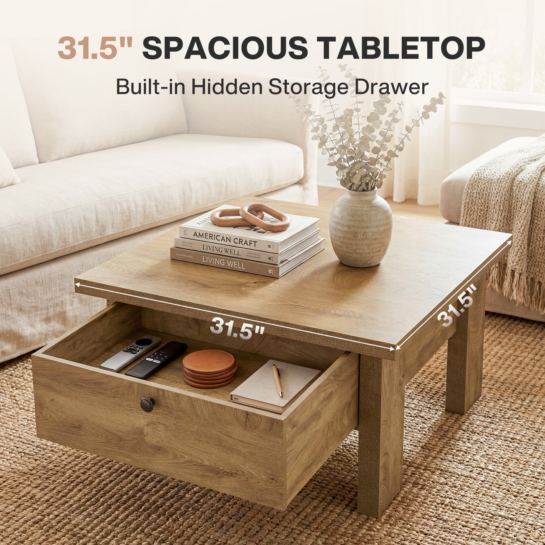 31.5" Square Coffee Table with Storage for Small Spaces, Modern Brown Living Room Center Table