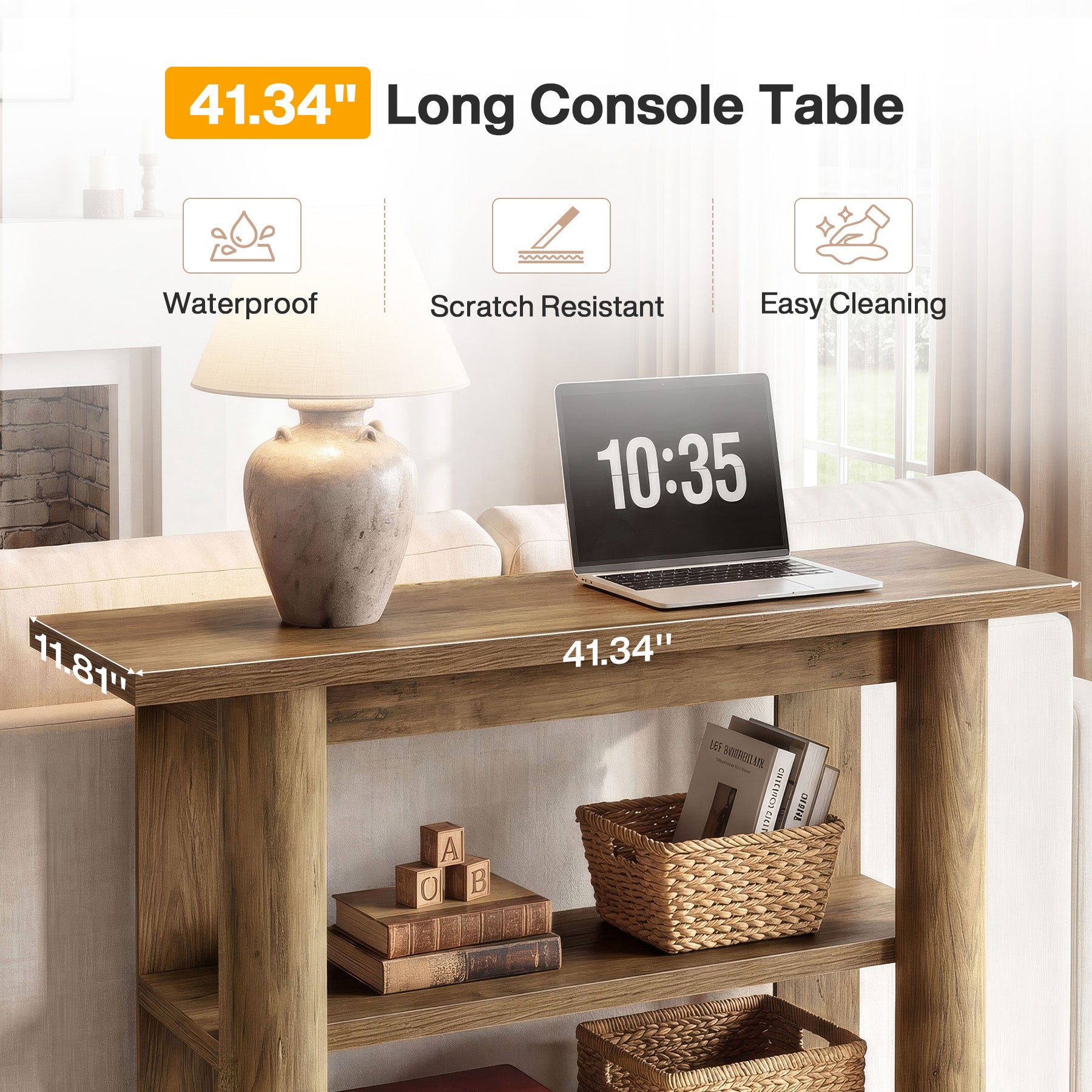 42-Inch Farmhouse Console Table, 3-Tier Narrow Sofa Table with Shelves for Entryway, Living Room