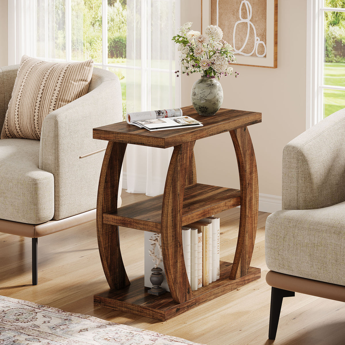 Farmhouse Geometric Side Table, Three-Tier Narrow Storage for Small Spaces