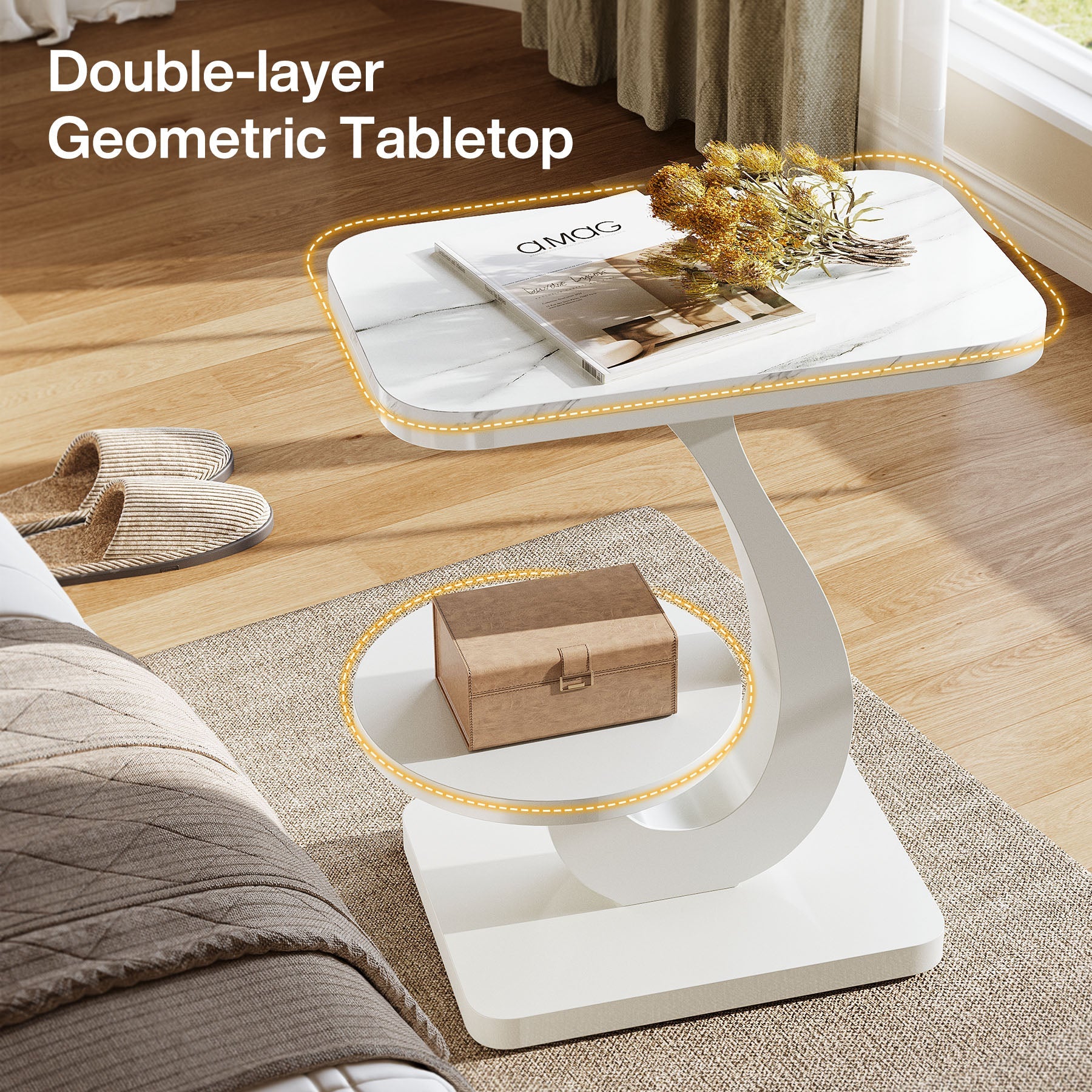 23.62“ C-Shaped End Table with 2-Tier Storage, Faux Marble Top White