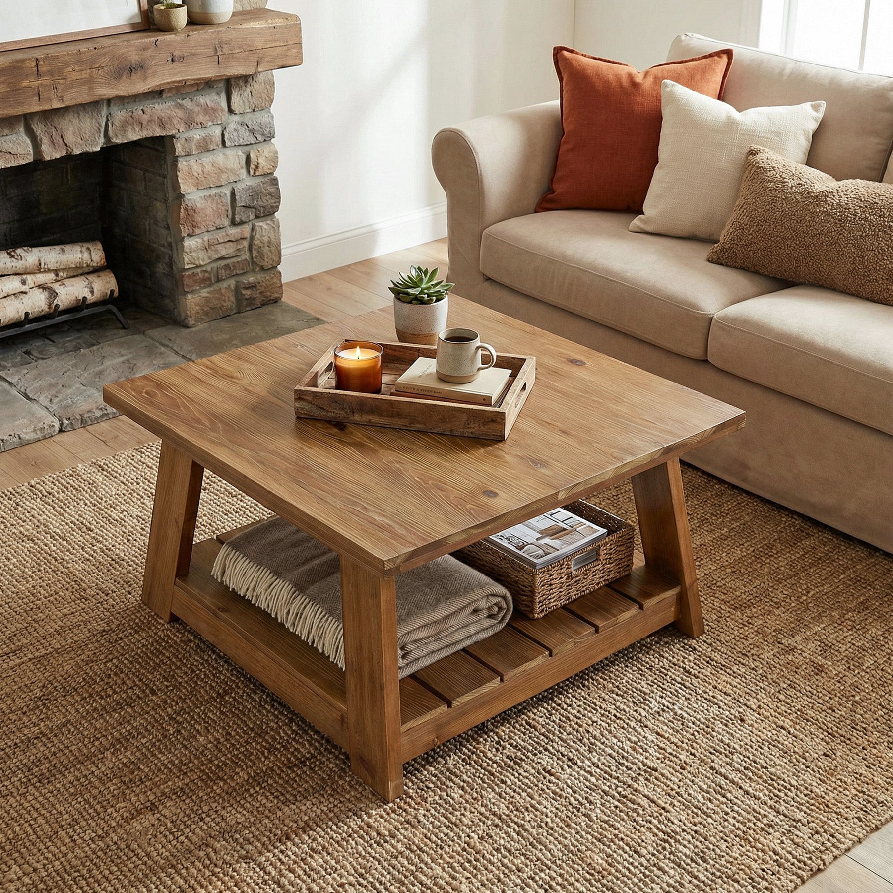Tribesigns 31.5 Inch Solid Wood Square Coffee Table, Farmhouse Centre Table with Storage Shelf