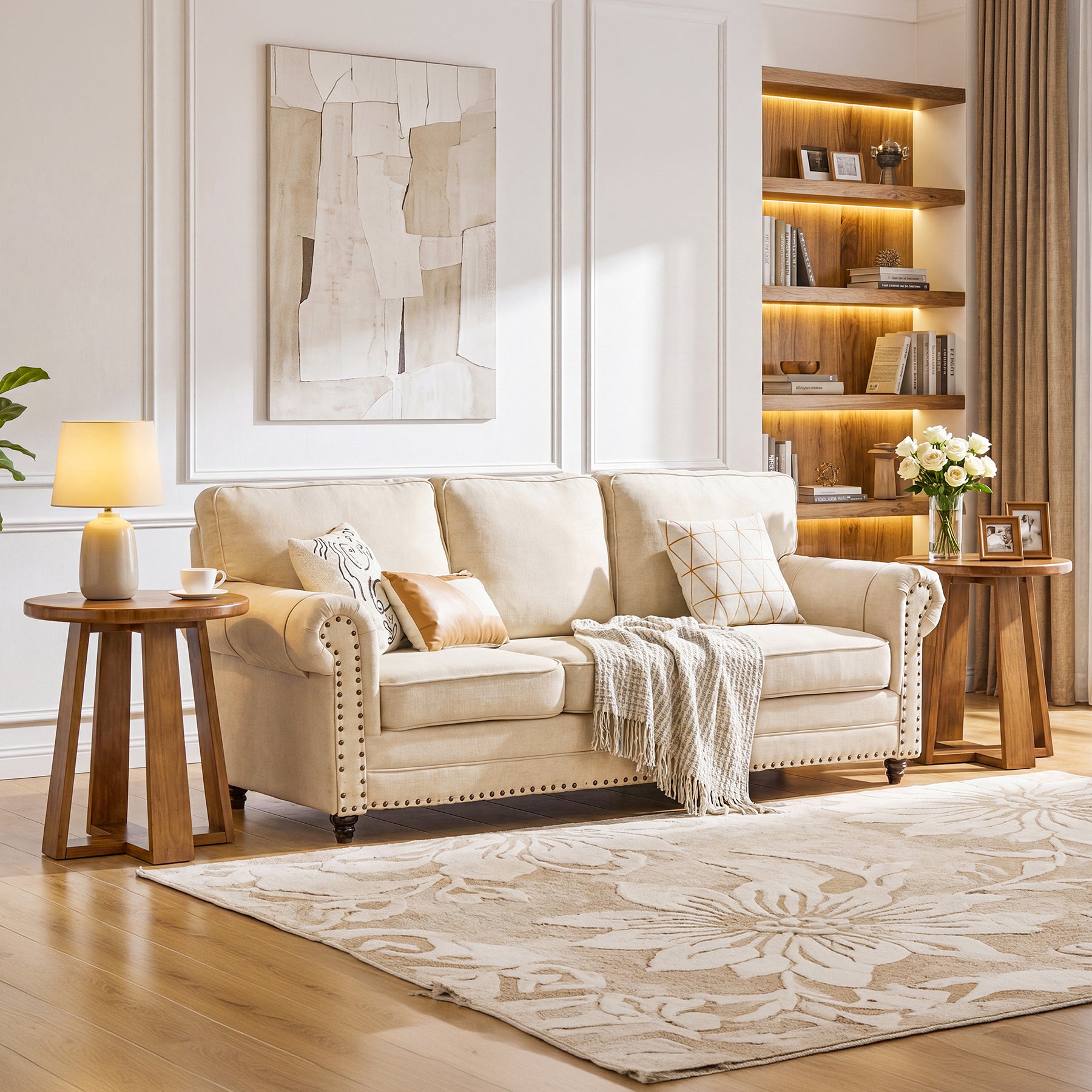 19.69 Inch Solid Wood Round End Table with Geometric Legs, Side Table for Living Room