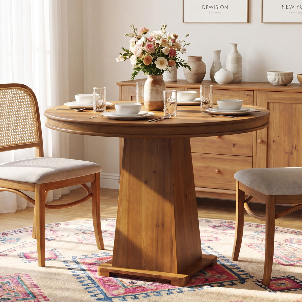 Tribesigns 31.5 Inch Round Dining Table with Solid Wood Top and Geometric Base, Small Kitchen Table for 2-4