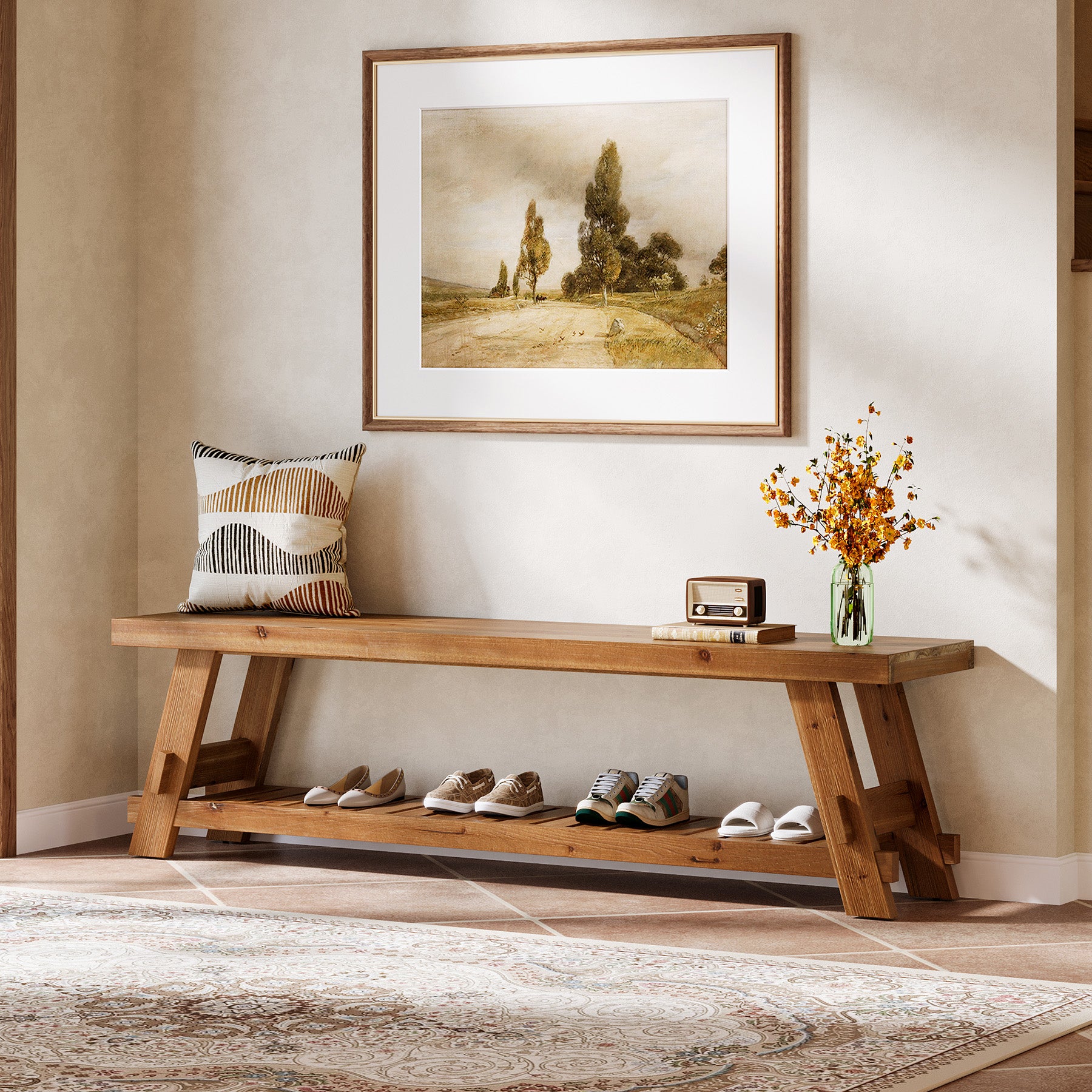 Tribesigns 63 Inch Solid Wood Shoe Storage Bench for 6 Pairs, Farmhouse Entryway Seat with Shelf