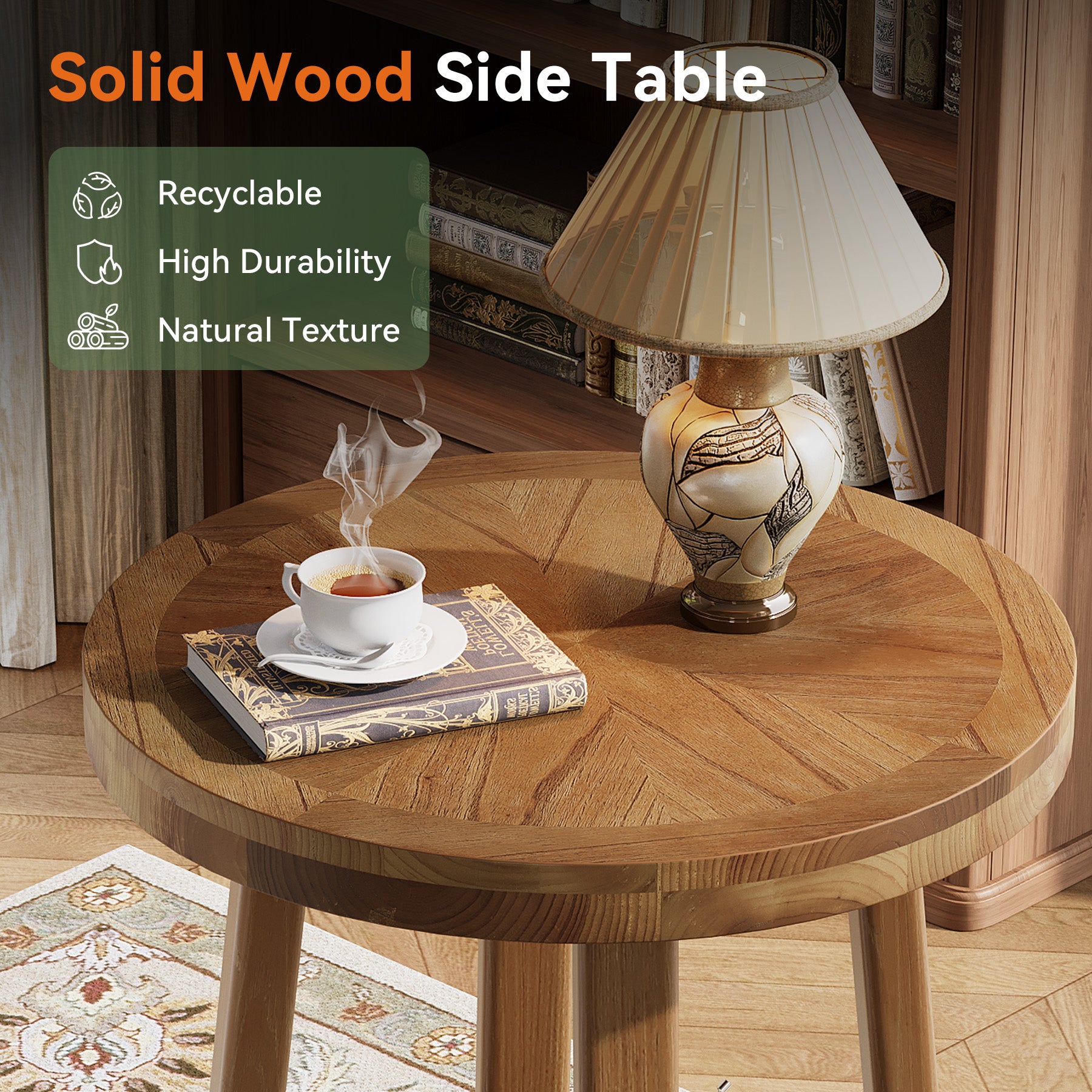 Tribesigns 19.7-Inch Solid Wood Side Table with 2-Tier Shelf, Round Farmhouse Table for Living Room
