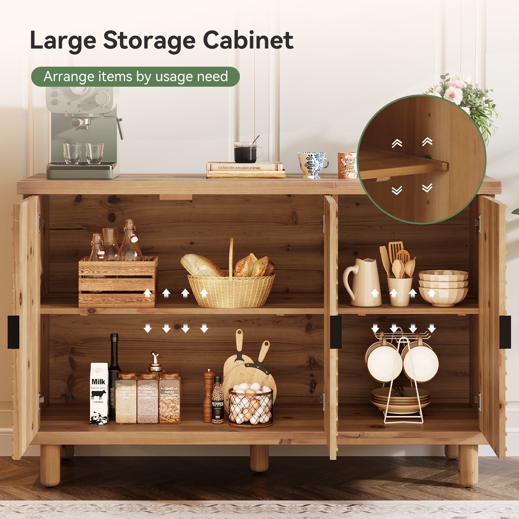 Tribesigns 47.6-Inch Farmhouse Sideboard Cabinet with 3 Doors, Solid Wood Buffet Cabinet for Kitchen