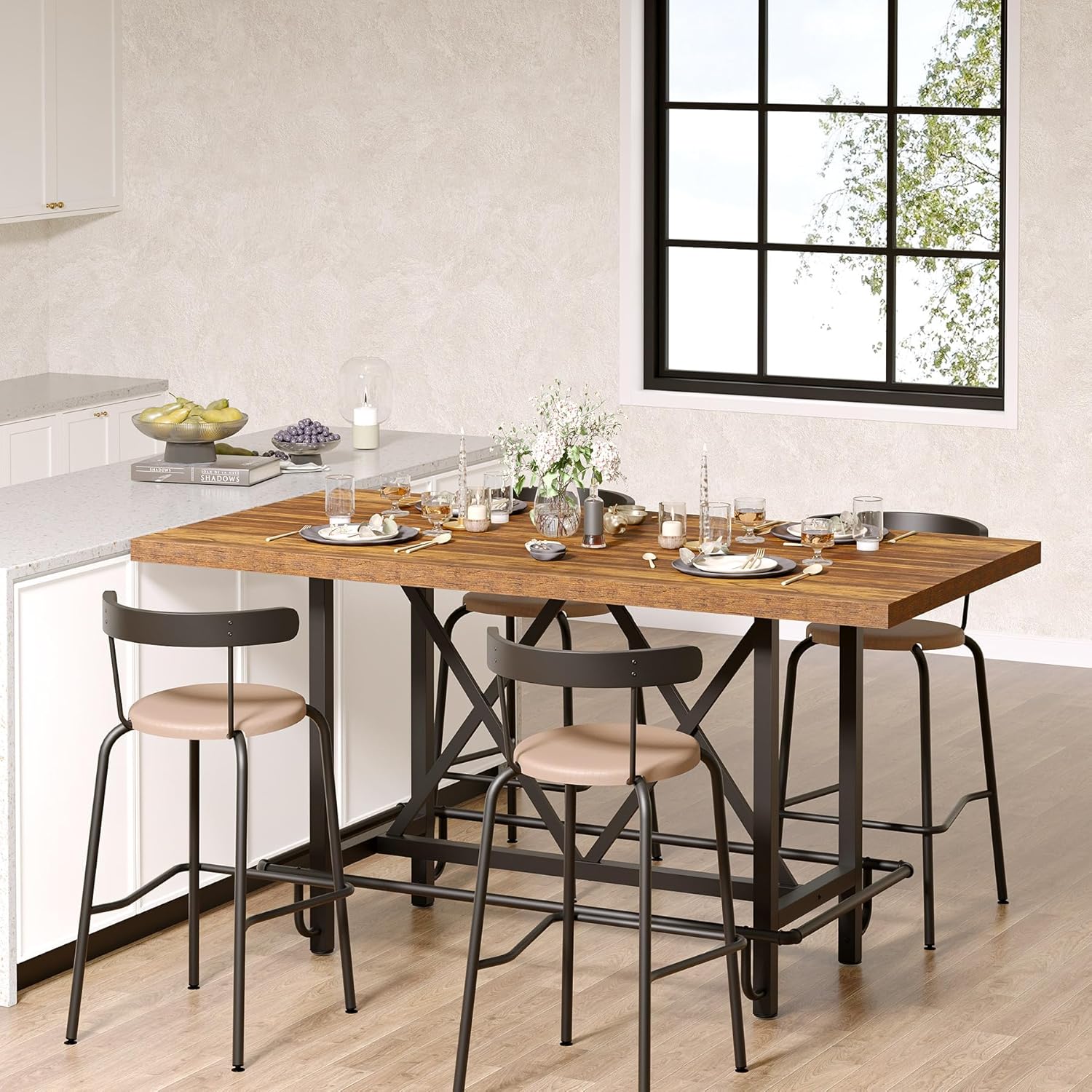 35" Counter Height Dining Table for 6 with Metal Footrest, Rectangular Rustic Brown