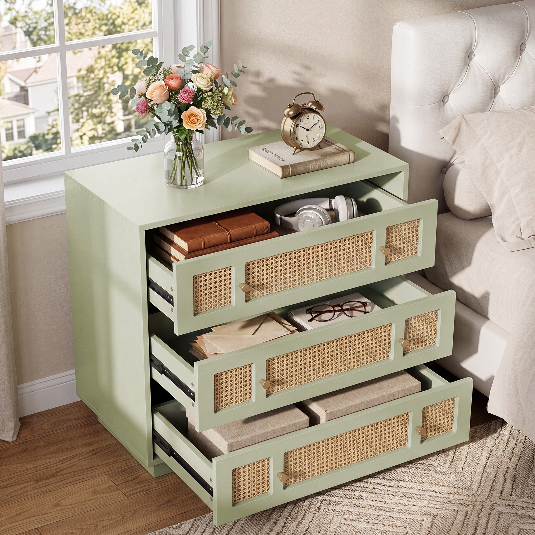 Tribesigns 31.5 Inch Rattan Nightstand with 3 Drawers, Oversized Bedside Table for Bedroom