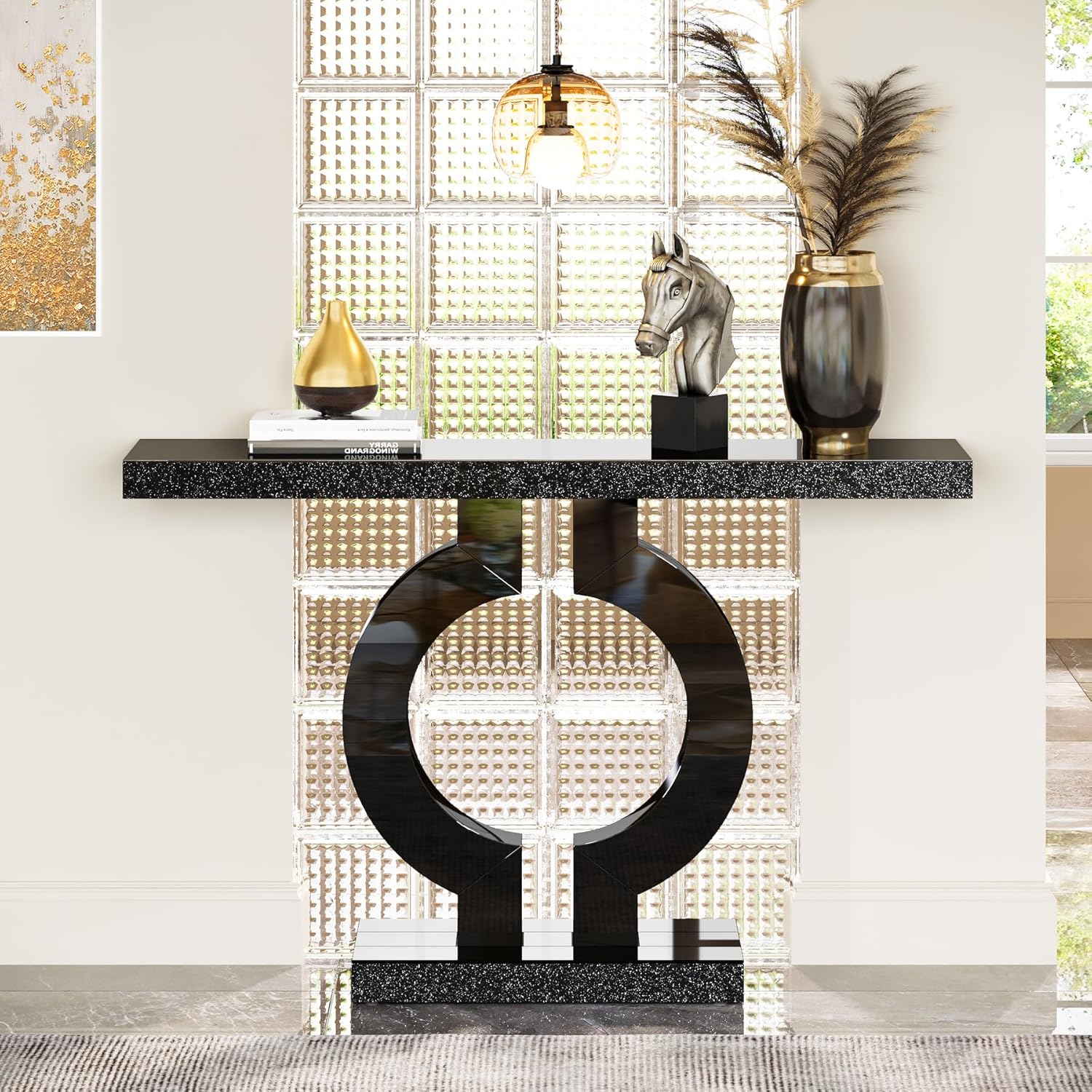43" Modern Mirrored Console Table - O-Shaped Black Base Narrow Entryway & Sofa Table with Glass Finish