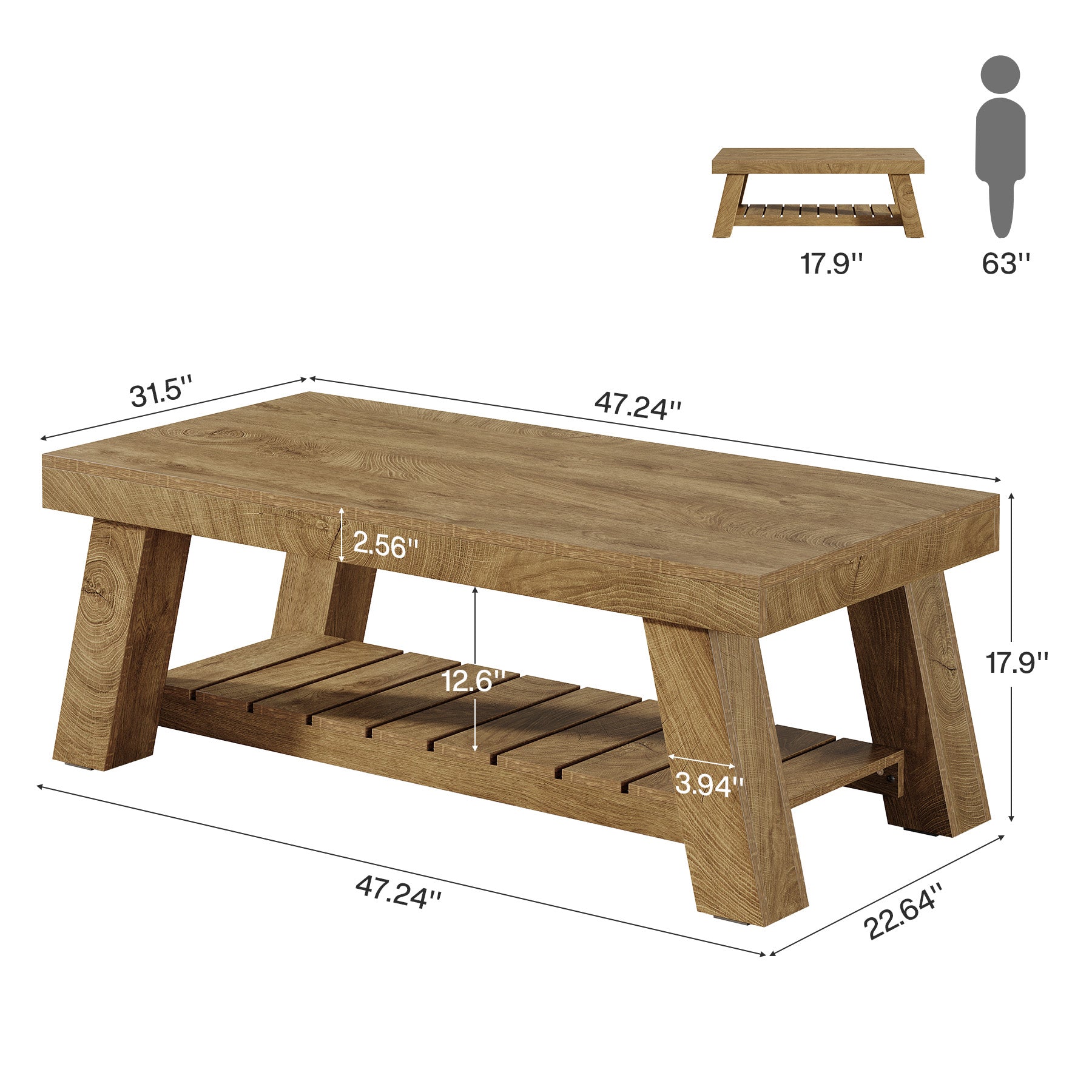 47.24-Inch Rectangular Coffee Table, Farmhouse Wood Center Table with 2-Tier Storage