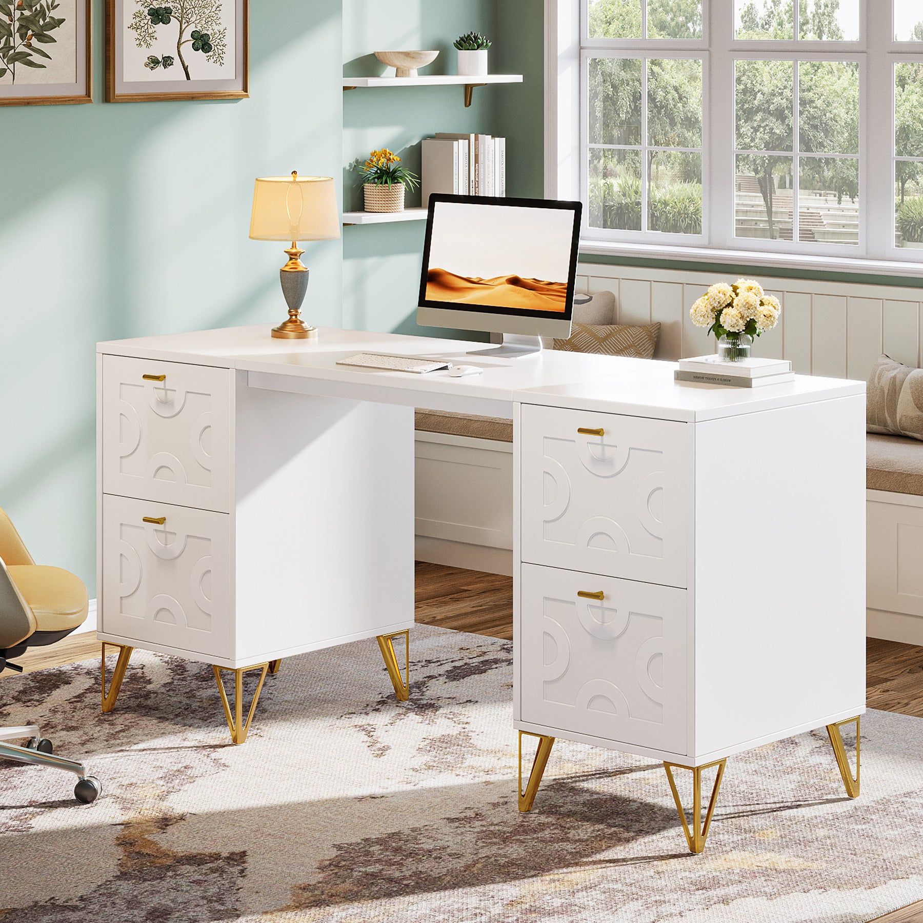 59-Inch Office Desk with Drawers, Modern White Computer Desk with Gold Legs for Home Workspace