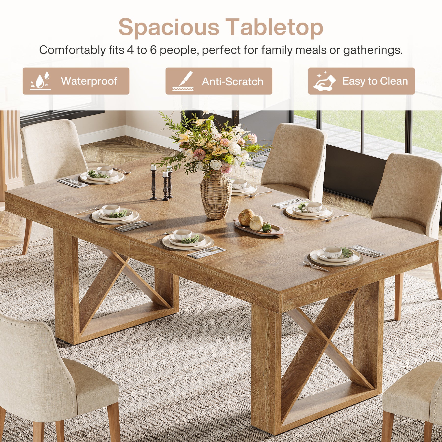 63 Inch Dining Table for 4 People, Farmhouse Kitchen Table with Thick Top for Dining Room Living Room
